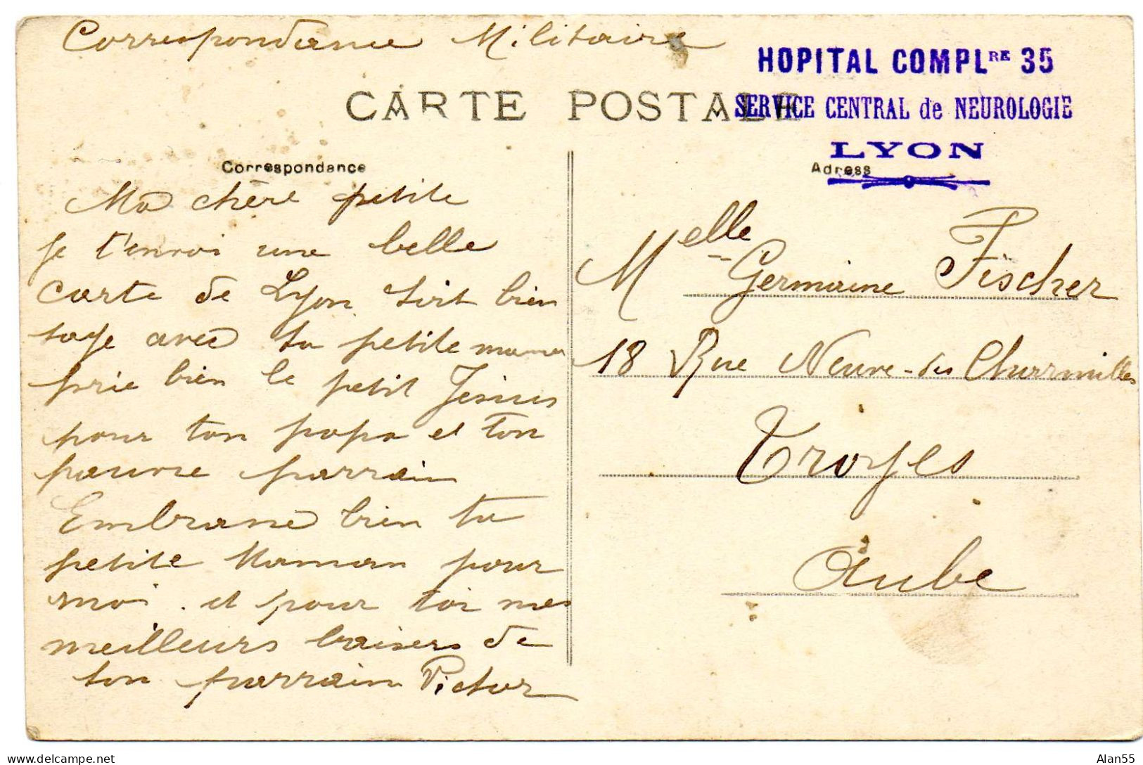 FRANCE.1917.CP.FM."SERVICE CENTRAL DE NEUROLOGIE/H.C.N°35". LYON (RHONE) - Guerre De 1914-18