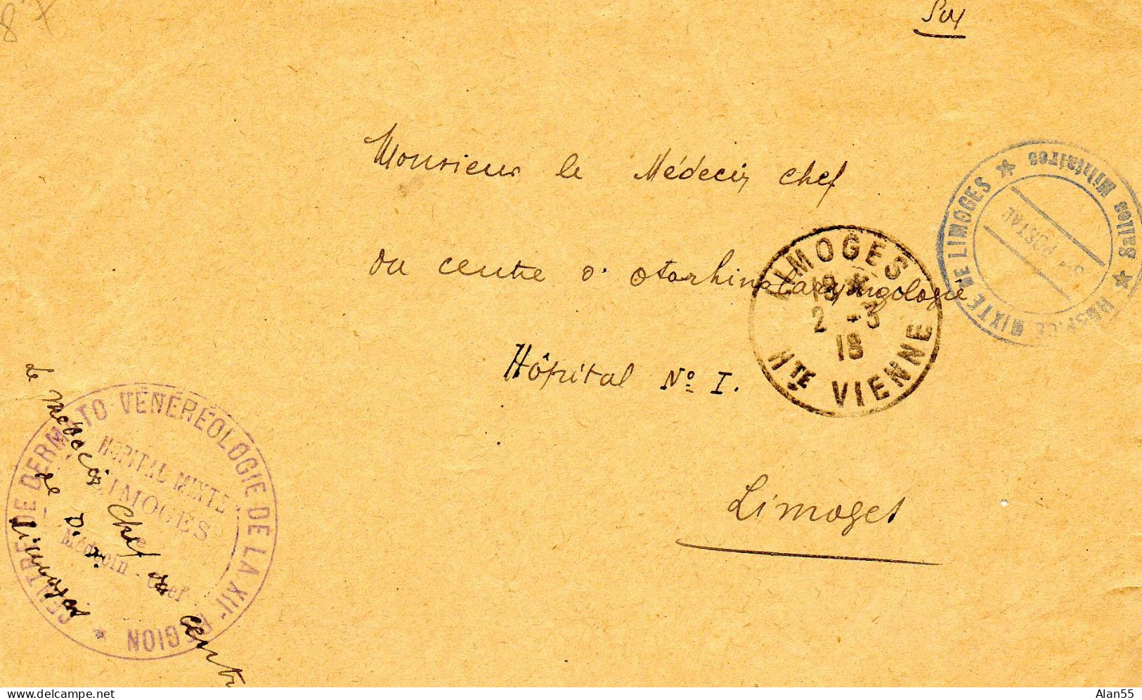 FRANCE.1915."CENTRE DERMATO-VENEROLOGIE DE LA VIIE REGION". LIMOGES (HAUTE VIENNE)(devant De Lettre) - Guerre De 1914-18