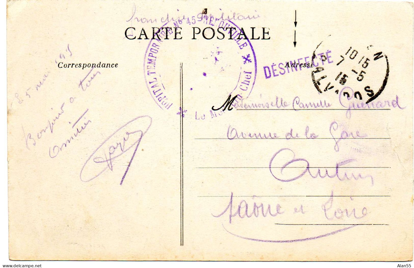 FRANCE.1915.RARE ."DESINFECTE/HOPITAL TEMPORAIRE N°45/HEROUVILLE".(CALVADOS) - Guerre De 1914-18