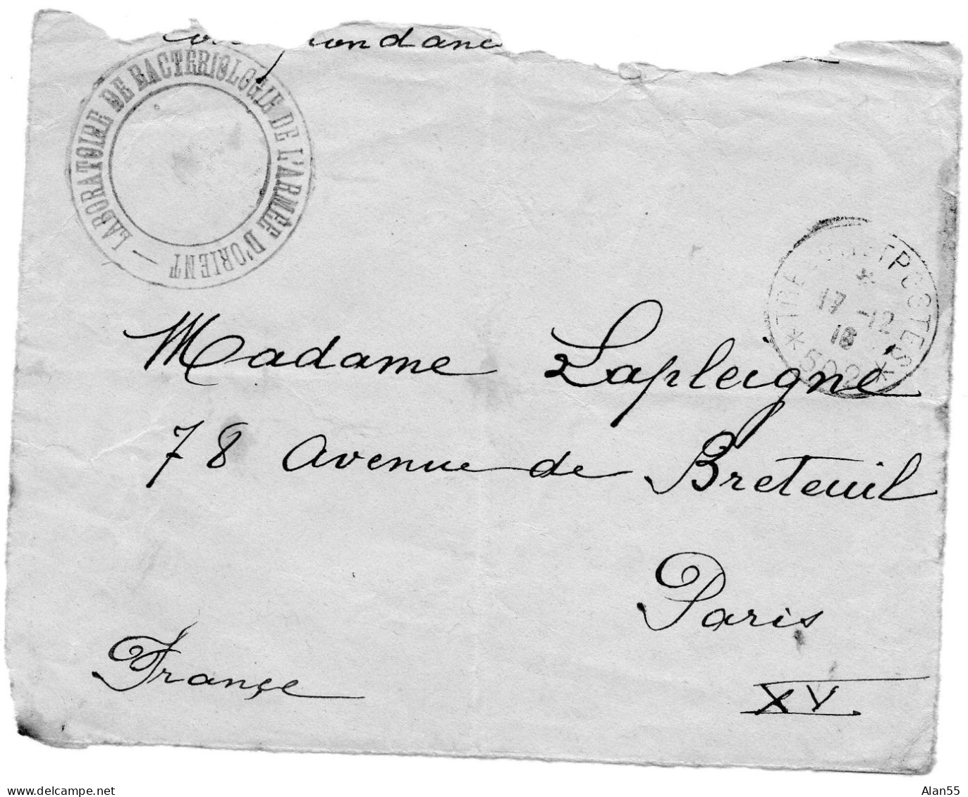 FRANCE. 1918."LABORATOIRE DE BACTERIOLOGIE DE L'ARMEE D'ORIENT.".TRESOR ET POSTES N°502..F.M. (DEVANT DE LETTRE ) - Guerre De 1914-18