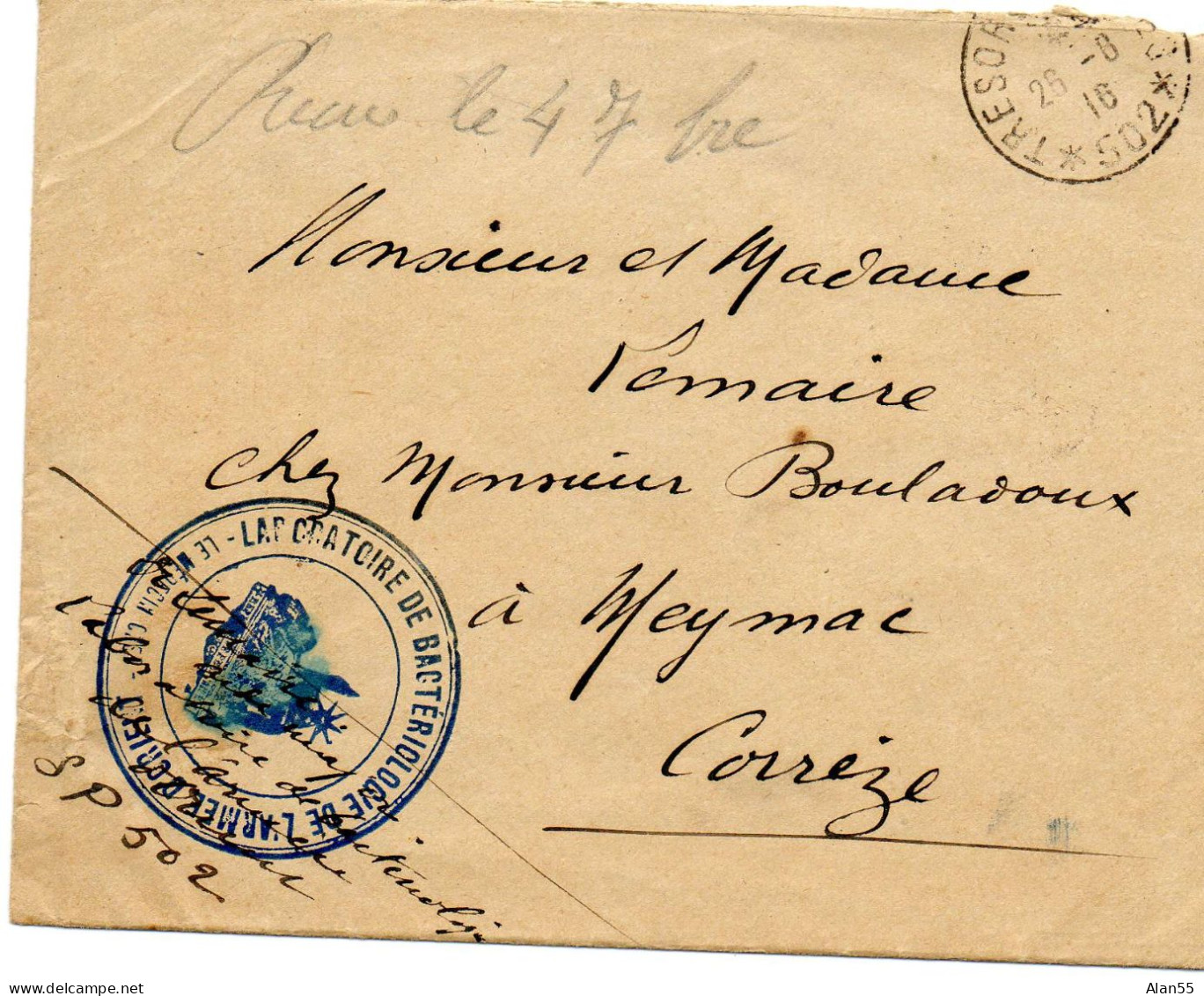 FRANCE.1916. "LABORTOIRE DE BACTERIOLOIE DE L'ARMEE D'ORIENT". SECTEUR POSTAL N°502.(SALONIQUE) - Oorlog 1914-18