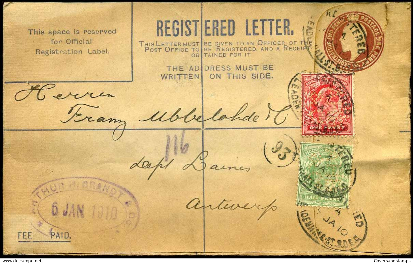 Registered Cover To Antwerp, Belgium - "Arthur H. Brandt" - Lettres & Documents