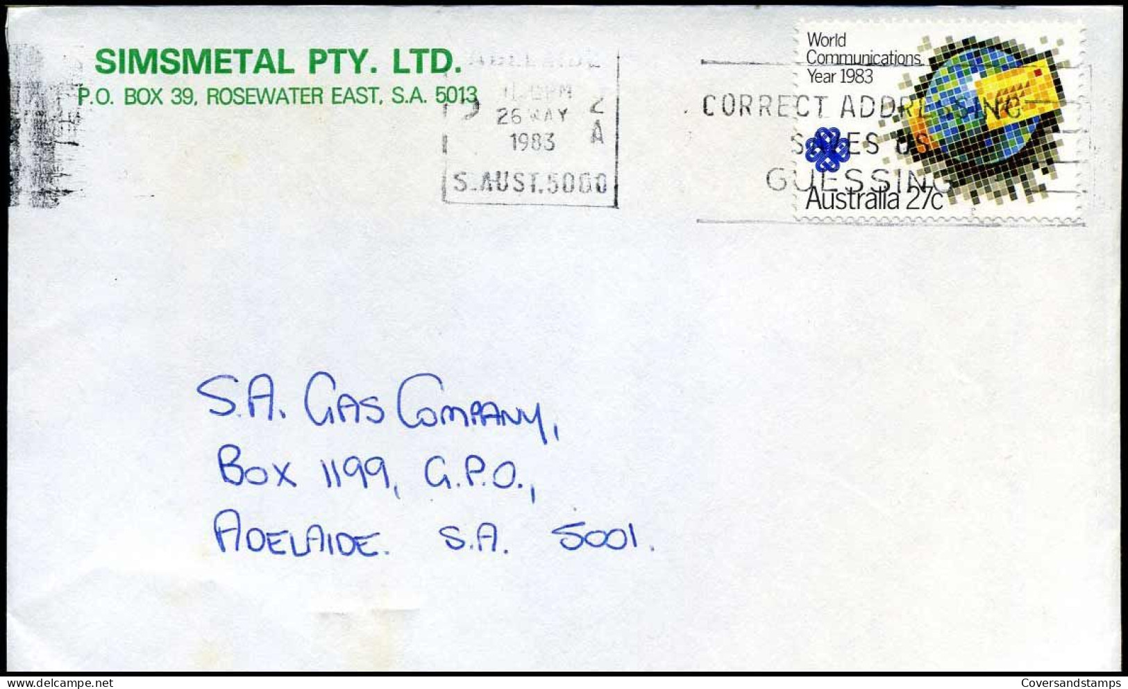 Cover To Adelaide - 'Simsmetal PTY. Ltd, Rosewater East' - Covers & Documents