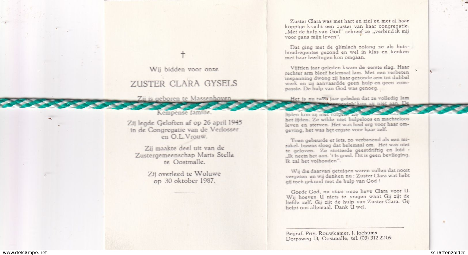 Zuster Clara Gysels, Massenhoven 1917, Woluwe 1987. Foto - Décès
