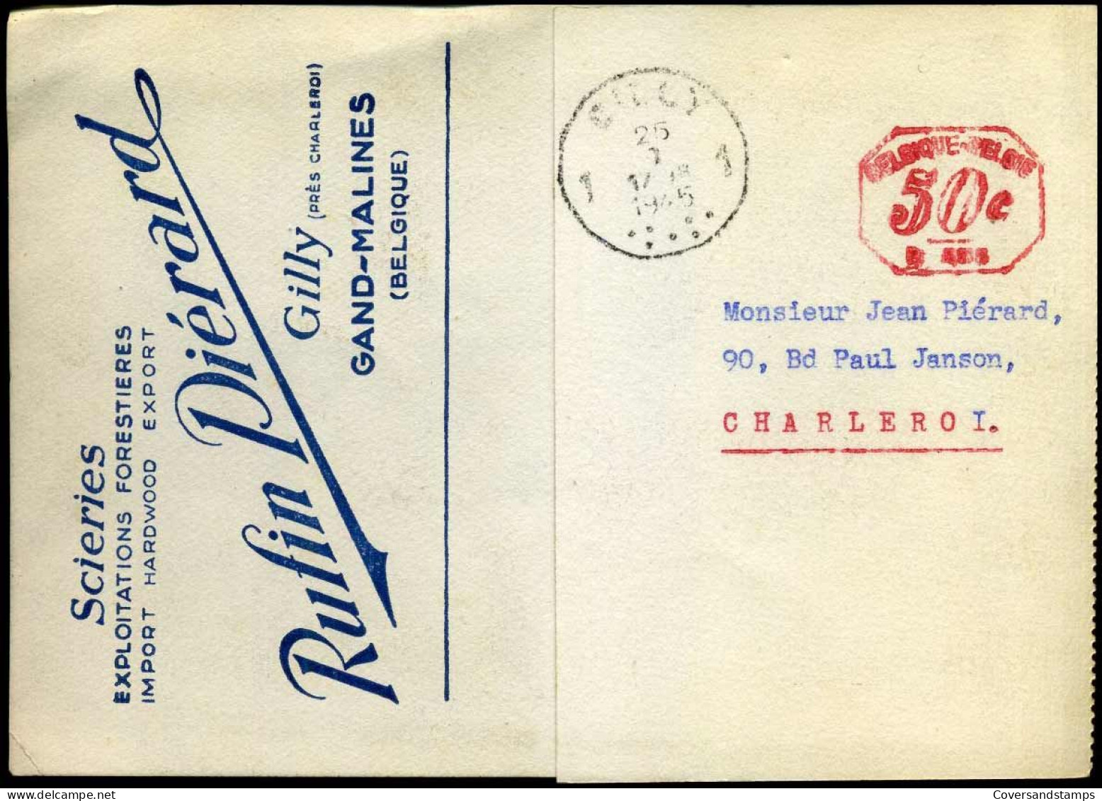 Postkaart / Carte Postale Naar Charleroi - 'Rufin Piérard, Scieries, Exploitations Forestiers, Gilly' - Lettres & Documents