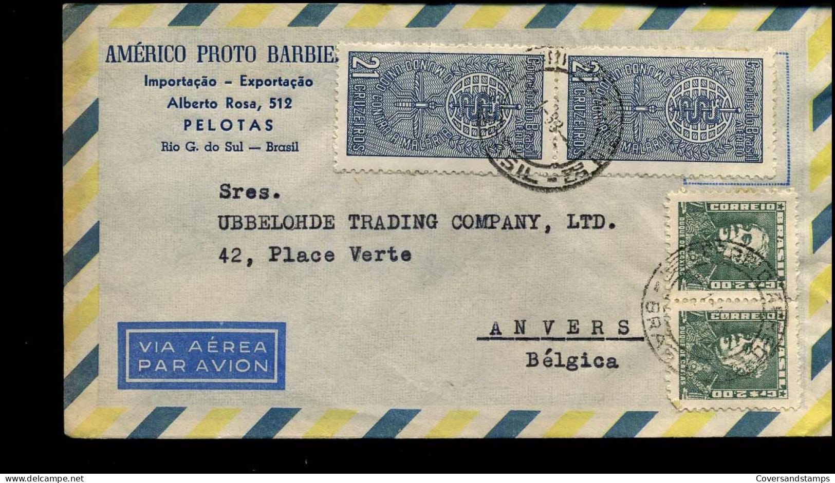 Airmail Cover To Antwerp, Belgium - "Americo Proto Barbieri, Imporaçao-Exportaçao, Pelotas" - Poste Aérienne