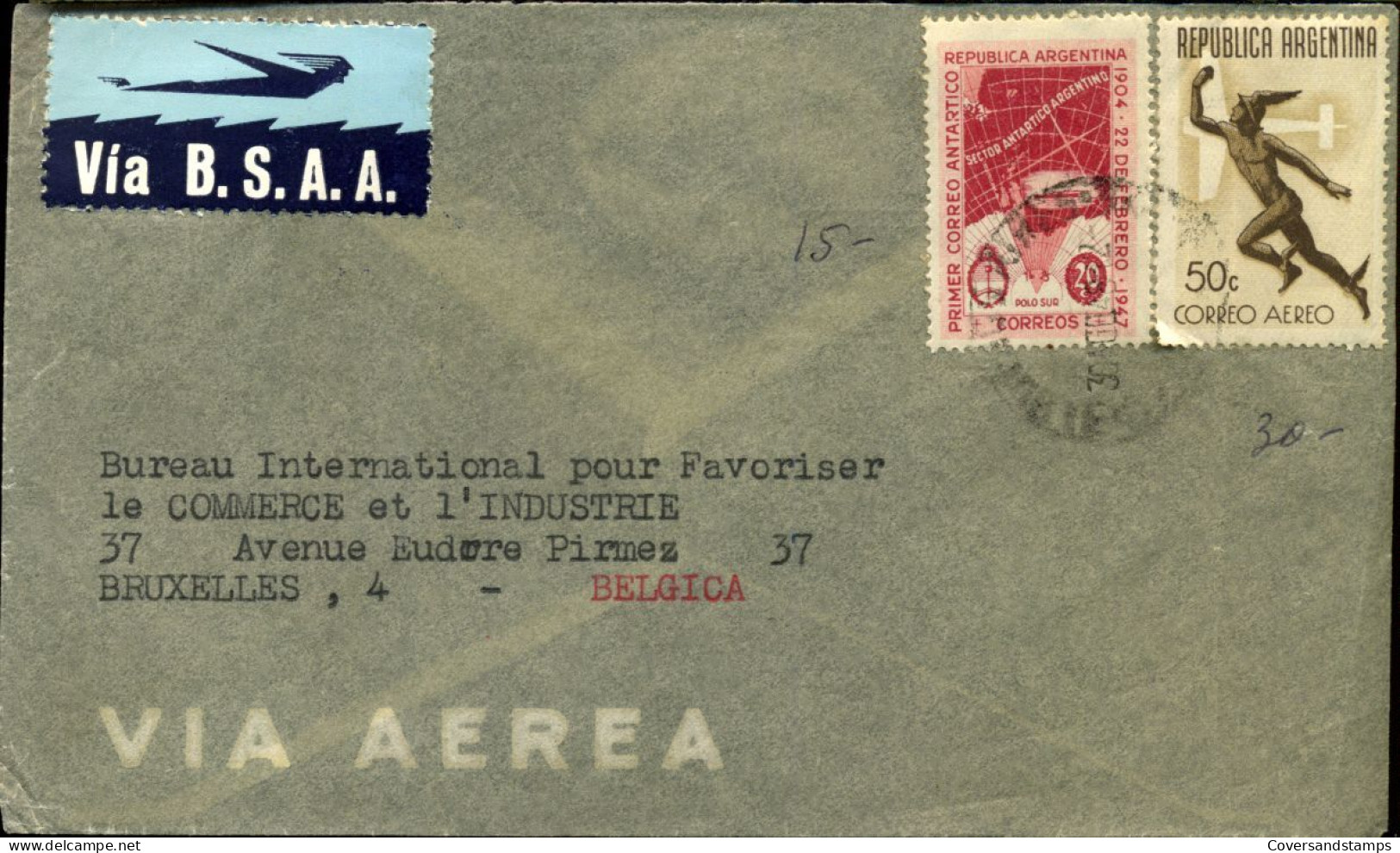 Cover To Brussels, Belgium - Via B.S.A.A. -- "Primer Correo Antartico" - Airmail