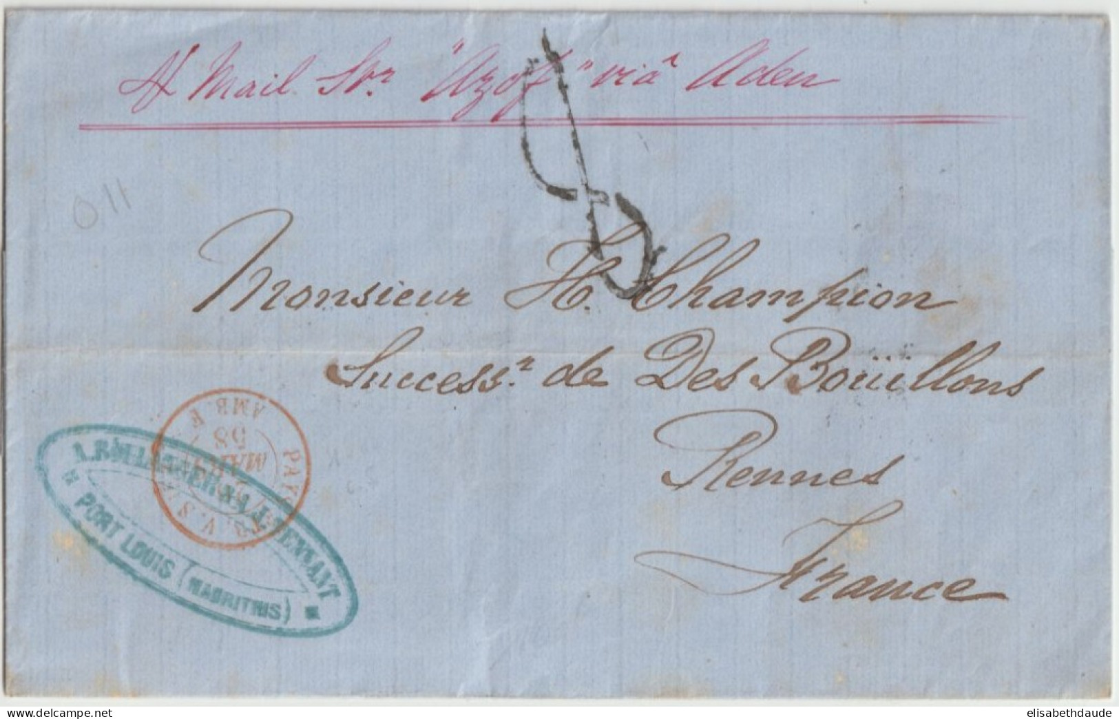 1858 - MAURITIUS - LETTRE SC De PORT LOUIS - ENTREE PAR SUEZ ! Par PAQUEBOT "AZOF" Via ADEN => RENNES - Poste Maritime