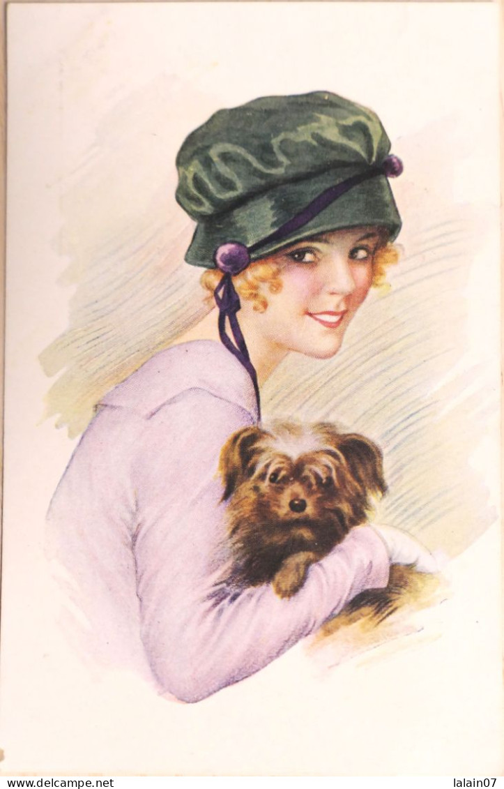 Carte Postale : Dessin D'une Très Belle Jeune Fille Avec Un Chien Dans Ses Bras, "Le Favori", éditions SID - Vrouwen