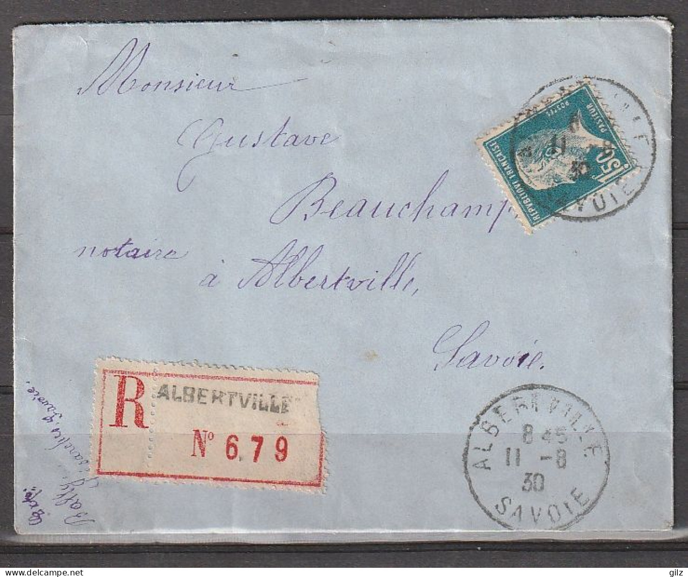 PASTEUR 1.50fr BLEU Sur Recommandée Du 11/8/1930 Alberville Pour Alberville Savoie - 1922-26 Pasteur