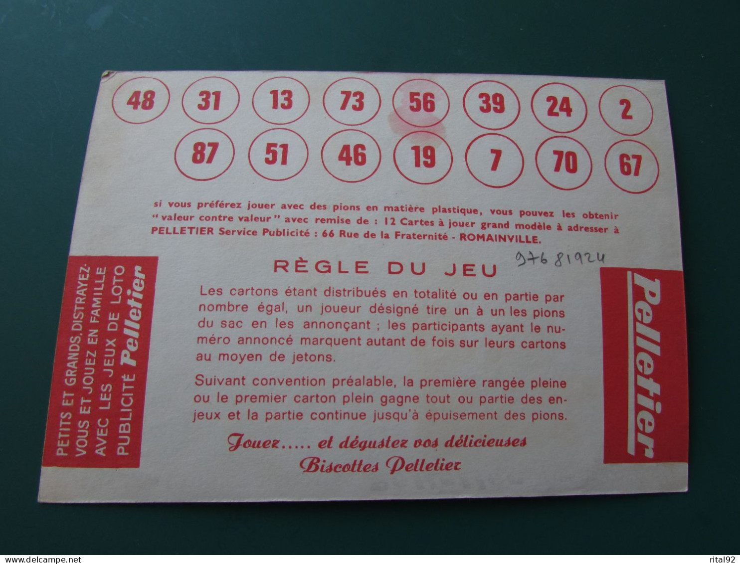 Feuille Cartonné De Jeux De LOTO "Biscottes PELLETIER" Années 50/60 - Autres & Non Classés