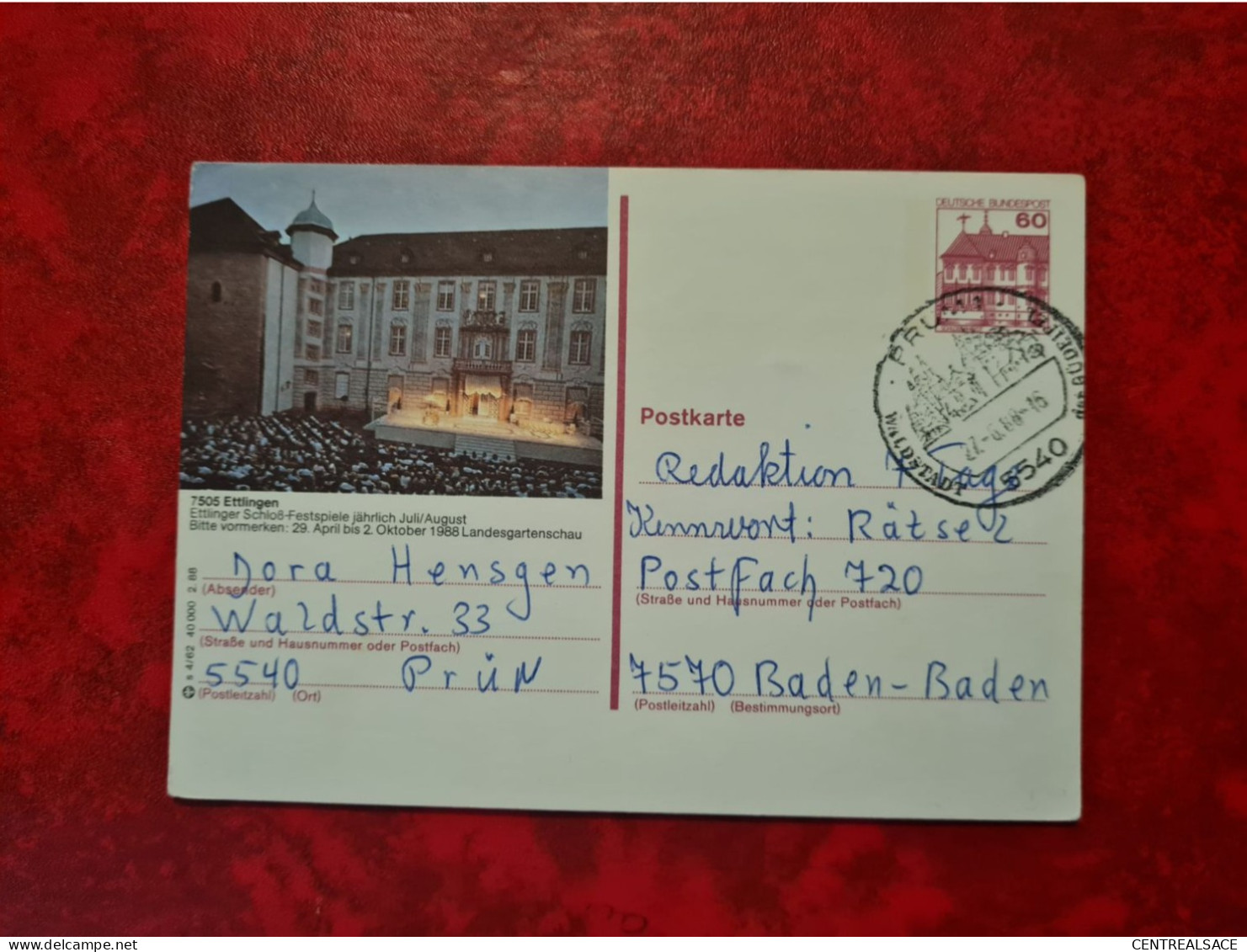 Lettre ALLEMAGNE 1988 CARTE ENTIER ETTLINGEN  CACHET PRIN - Otros & Sin Clasificación