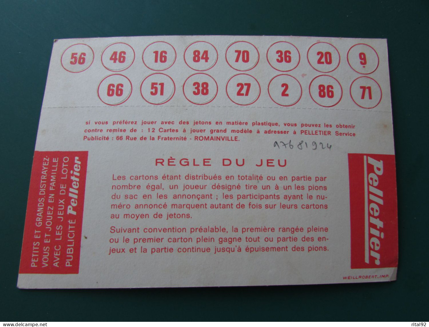 Feuille Cartonné De Jeux De LOTO "Biscottes PELLETIER" Années 50/60 - Autres & Non Classés