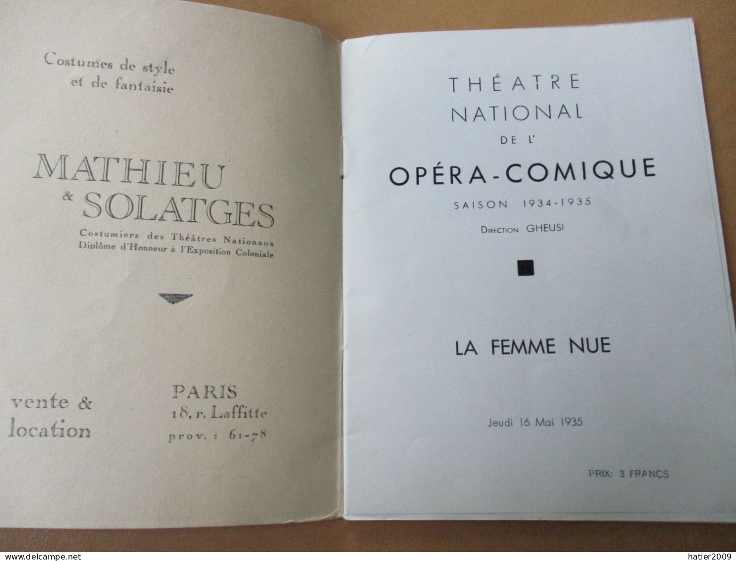 Programme THEATRE NATIONAL De L'Opera Comique "La Femme Nue" Jeudi 16 Mai 1935 - Saison 1934 1934 - 32 Pages - Programmes