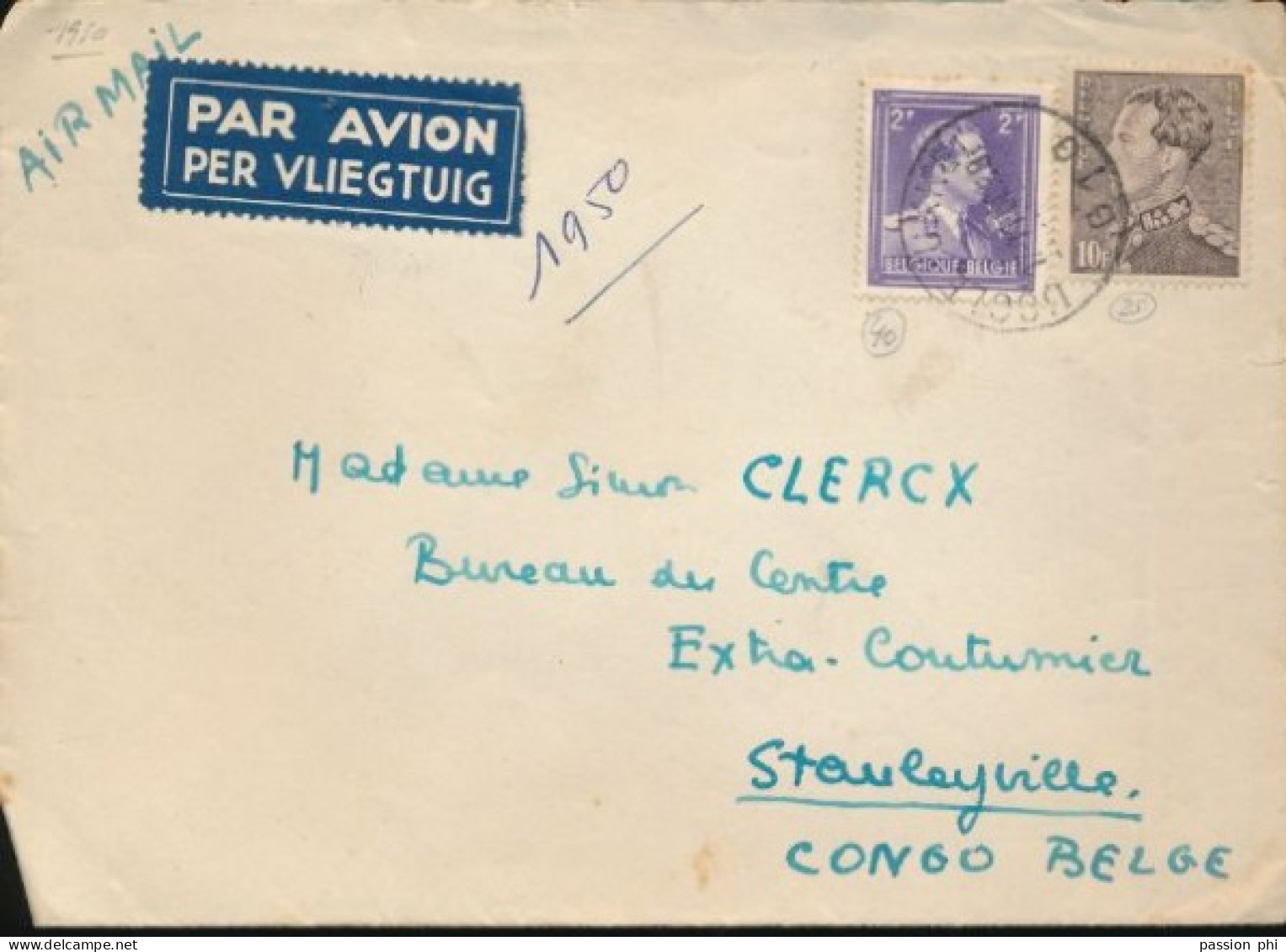 BELGIUM BELGIAN CONGO LETTRE PAR AVIO D'UCCLE EN 1950 VERS STAN; - Briefe U. Dokumente