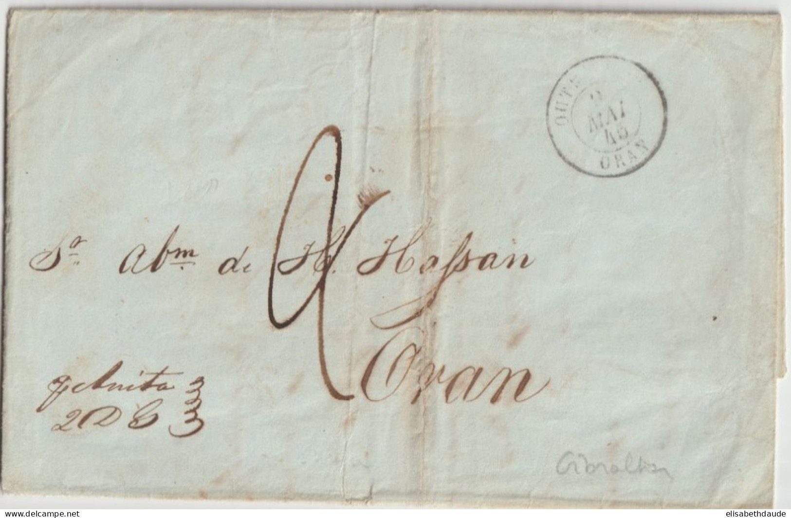 1845 - GIBRALTAR - LETTRE AVEC TRES RARE ENTREE OUTREMER PAR ORAN ! (IND 19) => ALGERIE - Poste Maritime