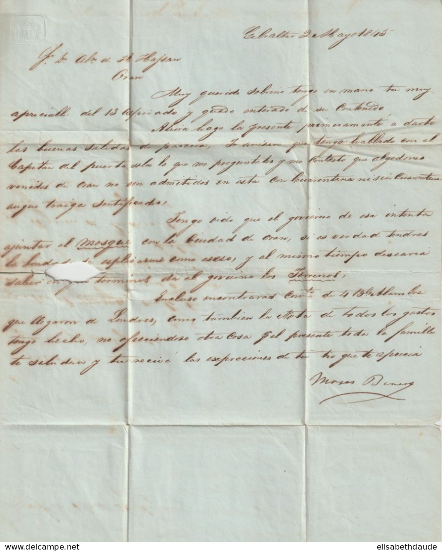 1845 - GIBRALTAR - LETTRE AVEC TRES RARE ENTREE OUTREMER PAR ORAN ! (IND 19) => ALGERIE - Poste Maritime