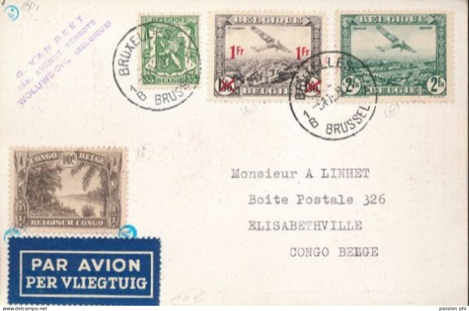 BELGIUM BELGIAN CONGO PREMIER VOL DE BRUXELLES EN 1938 VERS E/VILLE - Briefe U. Dokumente