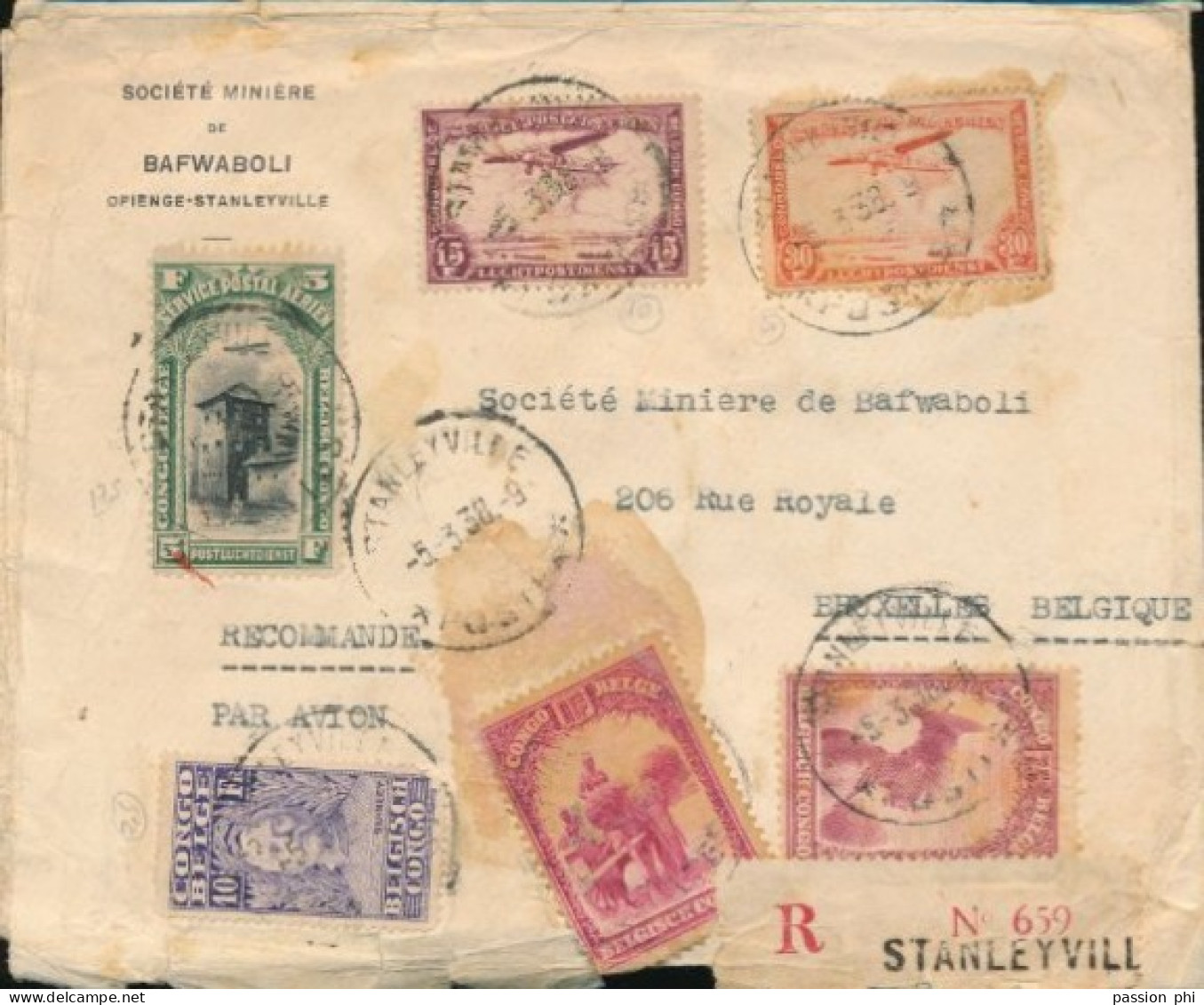 BELGIAN CONGO "SOCIETE MINIERE DE BAFWABOLI" LETTRE DE PA EN RECOMMANDE DE STAN. 05.03.38 VERS BRUXELLES - Storia Postale
