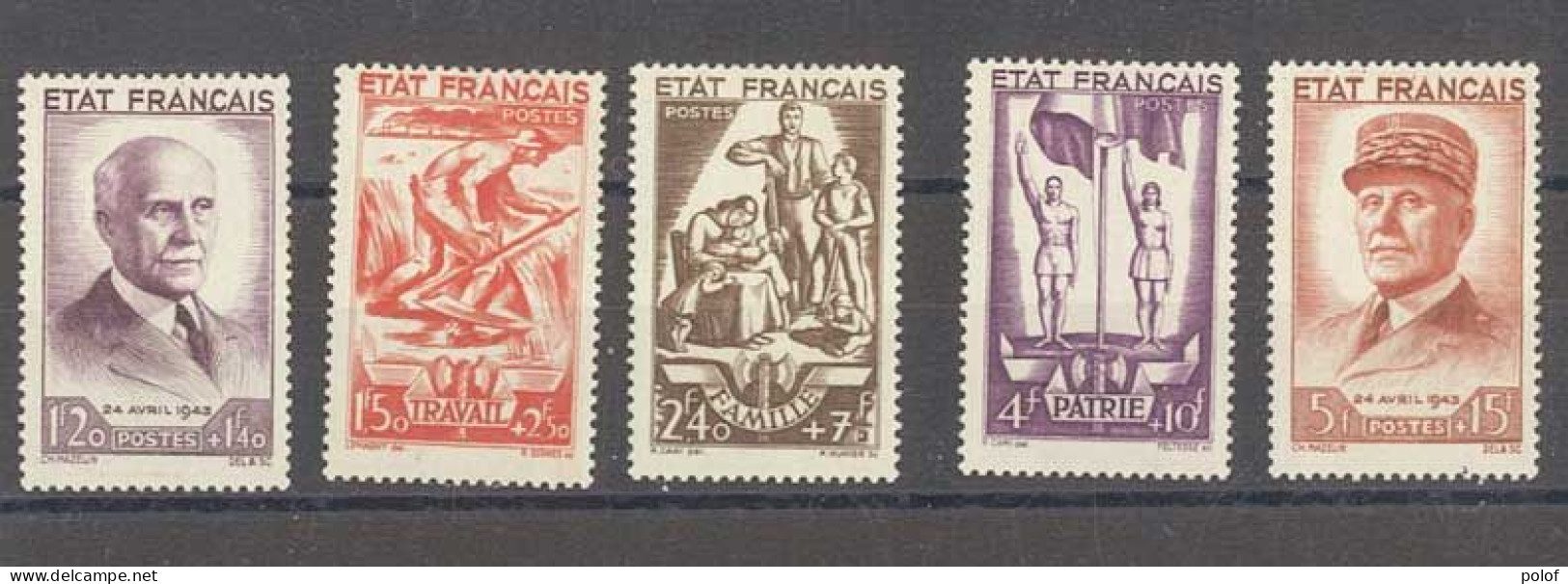 Yvert 576 à 580  - Etat Français - Travail-Famille-Patrie- Série De 5 Timbres Neufs Sans Traces De Charnières - 1941-42 Pétain