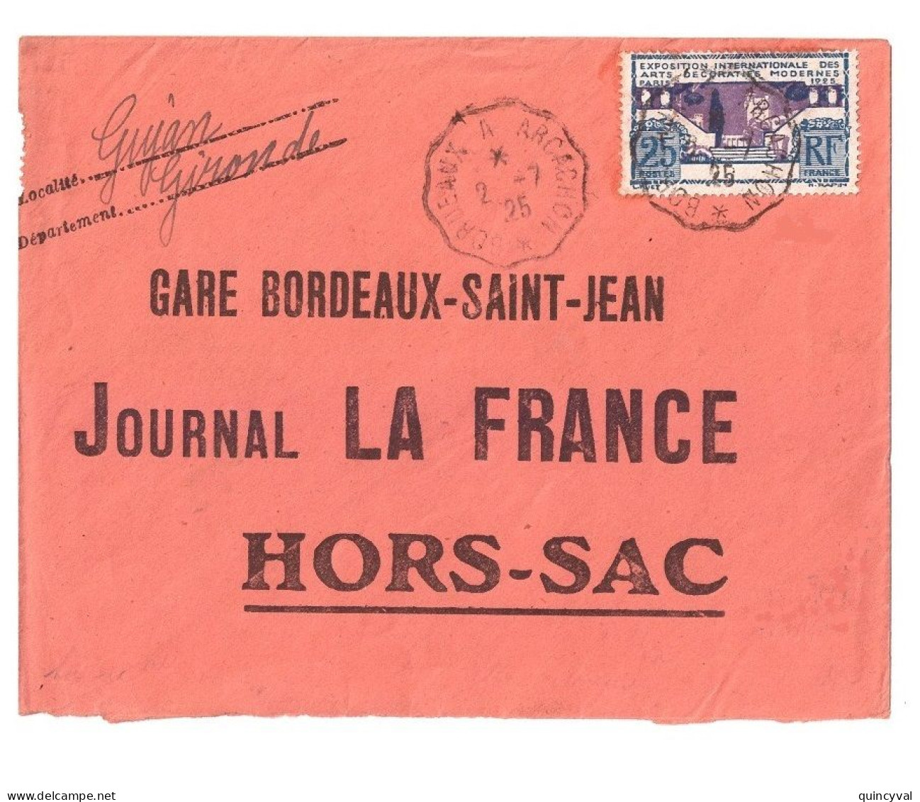 Gare Bordeaux St JEAN Journal La France HORS SAC 25c Art Deco Yv 213 Ob 2 7 1925 Convoyeur Bordeaux Arcachon - Poste Ferroviaire