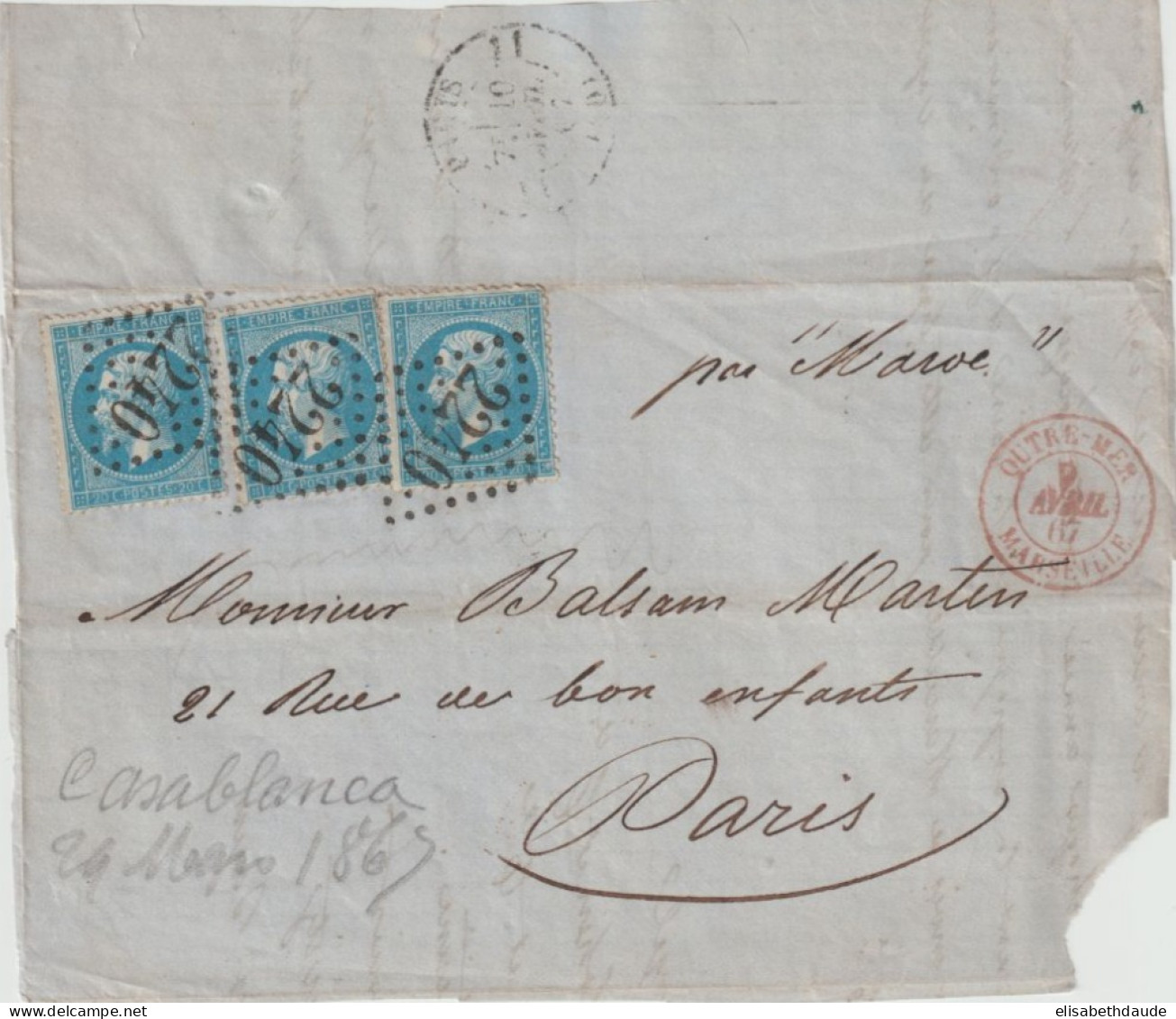 1867 - MAROC / MARITIME - LETTRE INCOMPLETE Avec ENTREE OUTREMER PAR MARSEILLE + GC 2240 => PARIS - 1849-1876: Période Classique