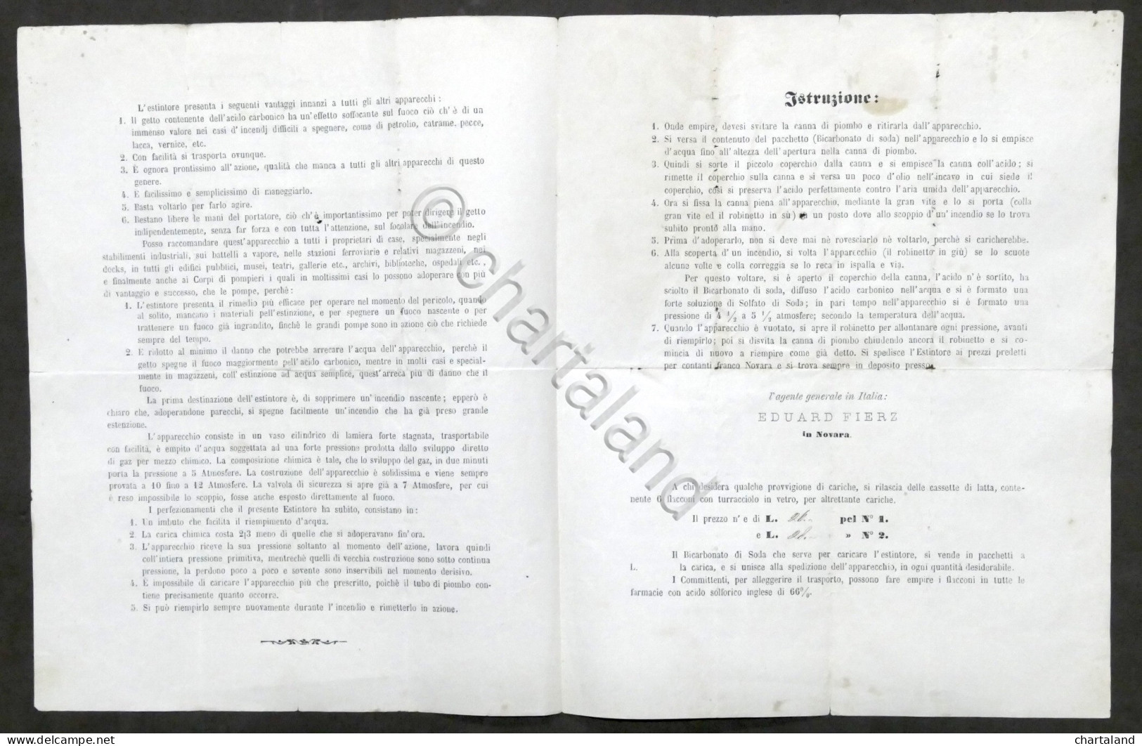 Pubblicità Volantino Prezzo-Corrente Nuovo Estintore Costruito Da G. Zuber 1878 - Publicités