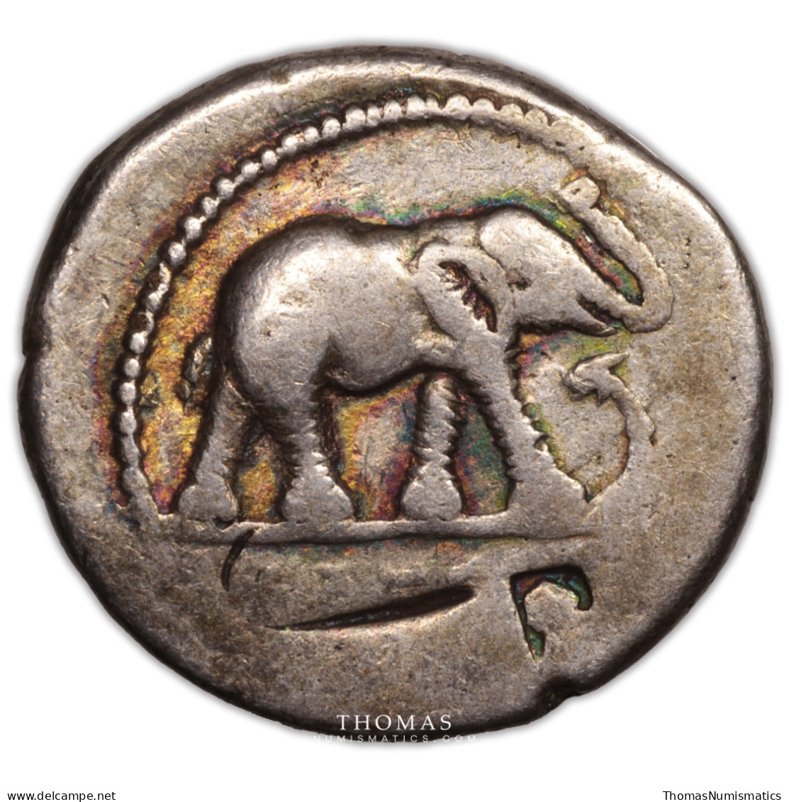 Jules César - Denier éléphant – Rome – Patine Rainbow - Republiek (280 BC Tot 27 BC)