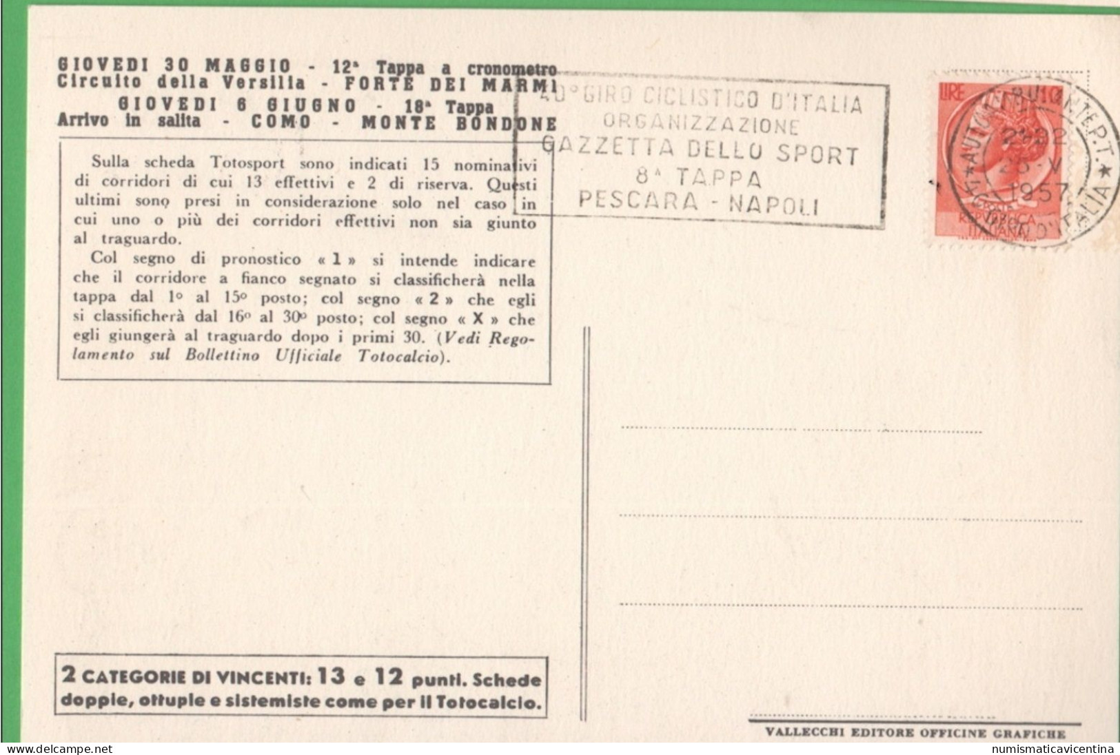 Ciclismo TOTOSPORT 1957 40° Giro D'Italia  8° Tappa Pescara Napoli Cyclisme Cycling - Radsport