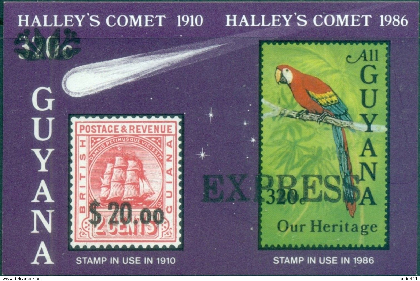 Guyana 1986 Halley's Comet  Parrot  Ship Overprinted EXPRRESS 20 $  Mnh / ** - Guyane (1966-...)