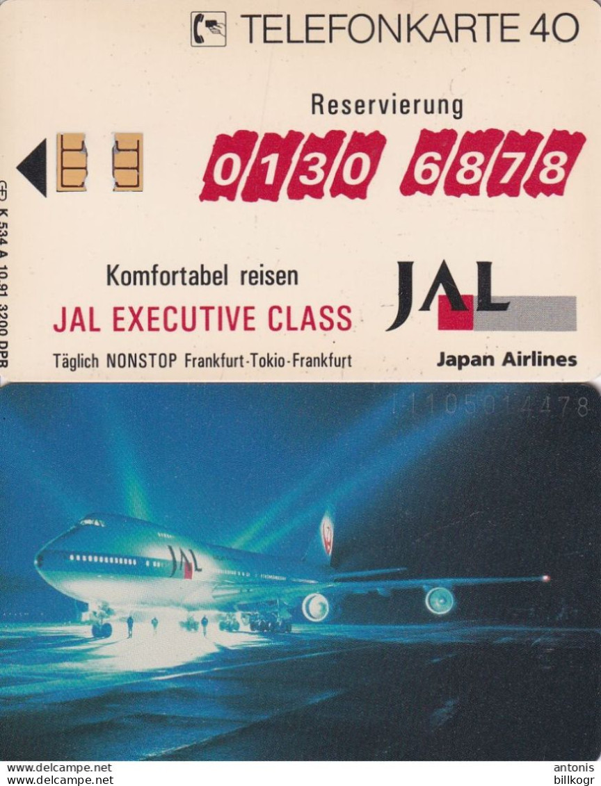 GERMANY - Japan Airlines/Boeing 747, JAL Executive Class(Deutsche Text)(K 534 A), Tirage 3200, 10/91, Mint - Flugzeuge
