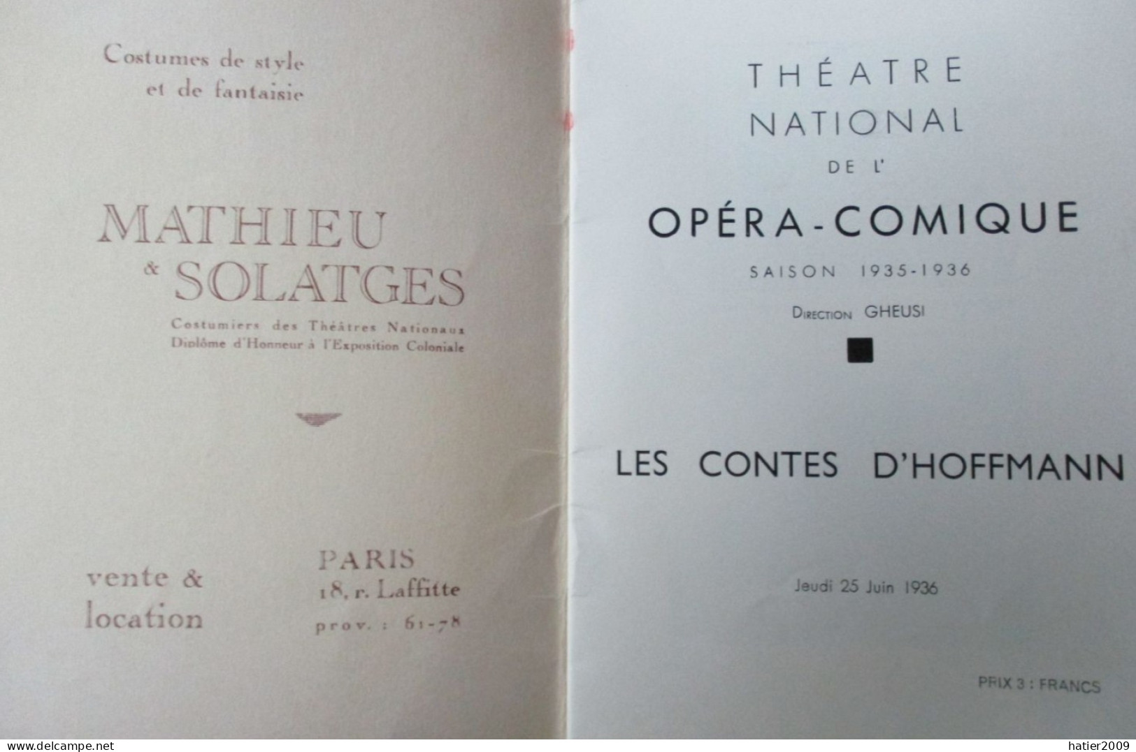 Programme THEATRE NATIONAL De L'Opera Comique Les Contes D'Hoffmann" - 25 Juin 1935 - Saison 1935 1936 - 32 Pages - Programmes