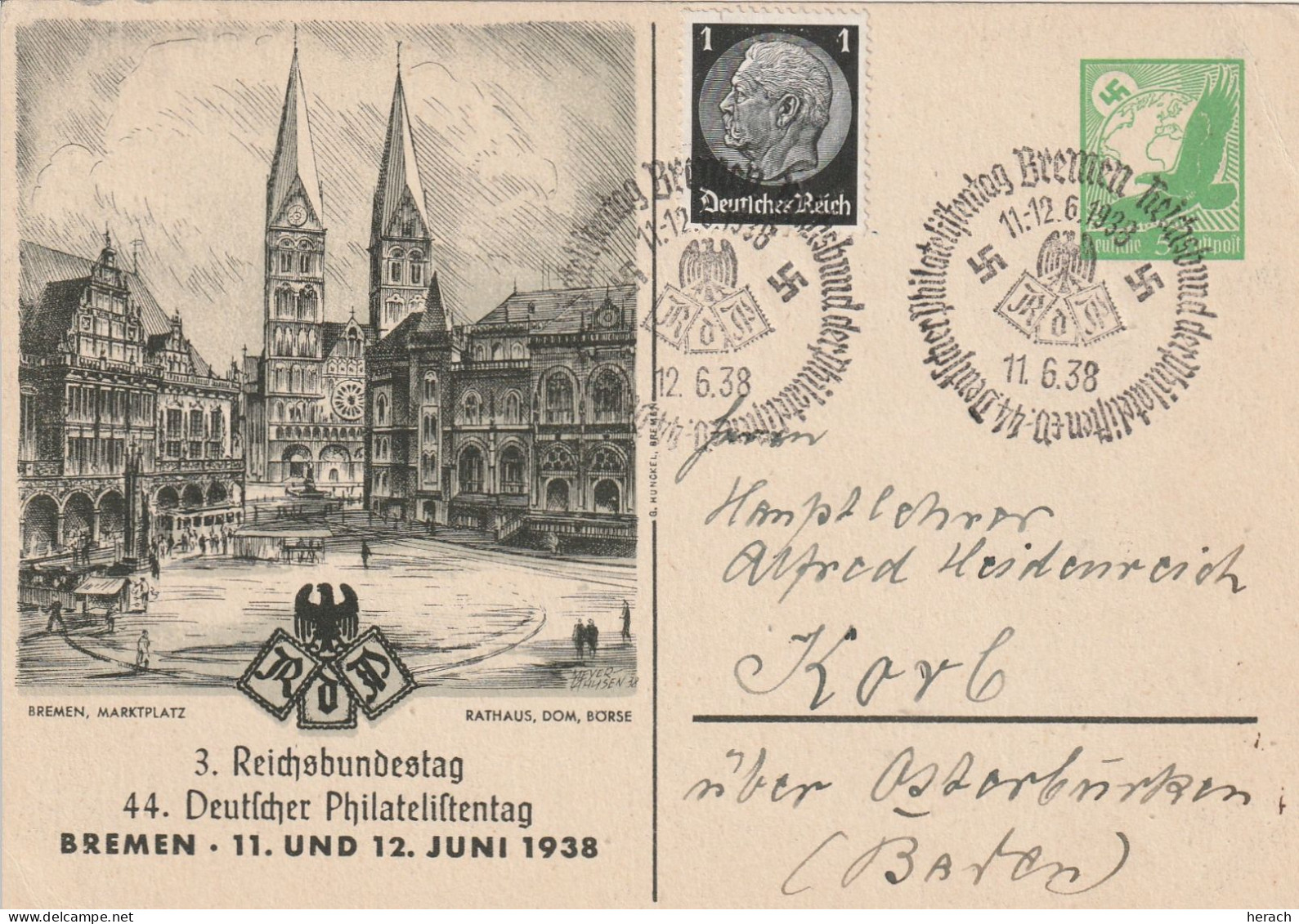 Allemagne Entier Postal Illustré Bremen 1938 - Briefkaarten