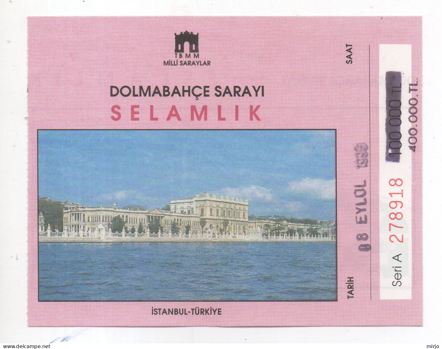 Turkey Dolmabahce Sarayi, Entrance Ticket 1996, Istanbul Bileti Billet - Toegangskaarten