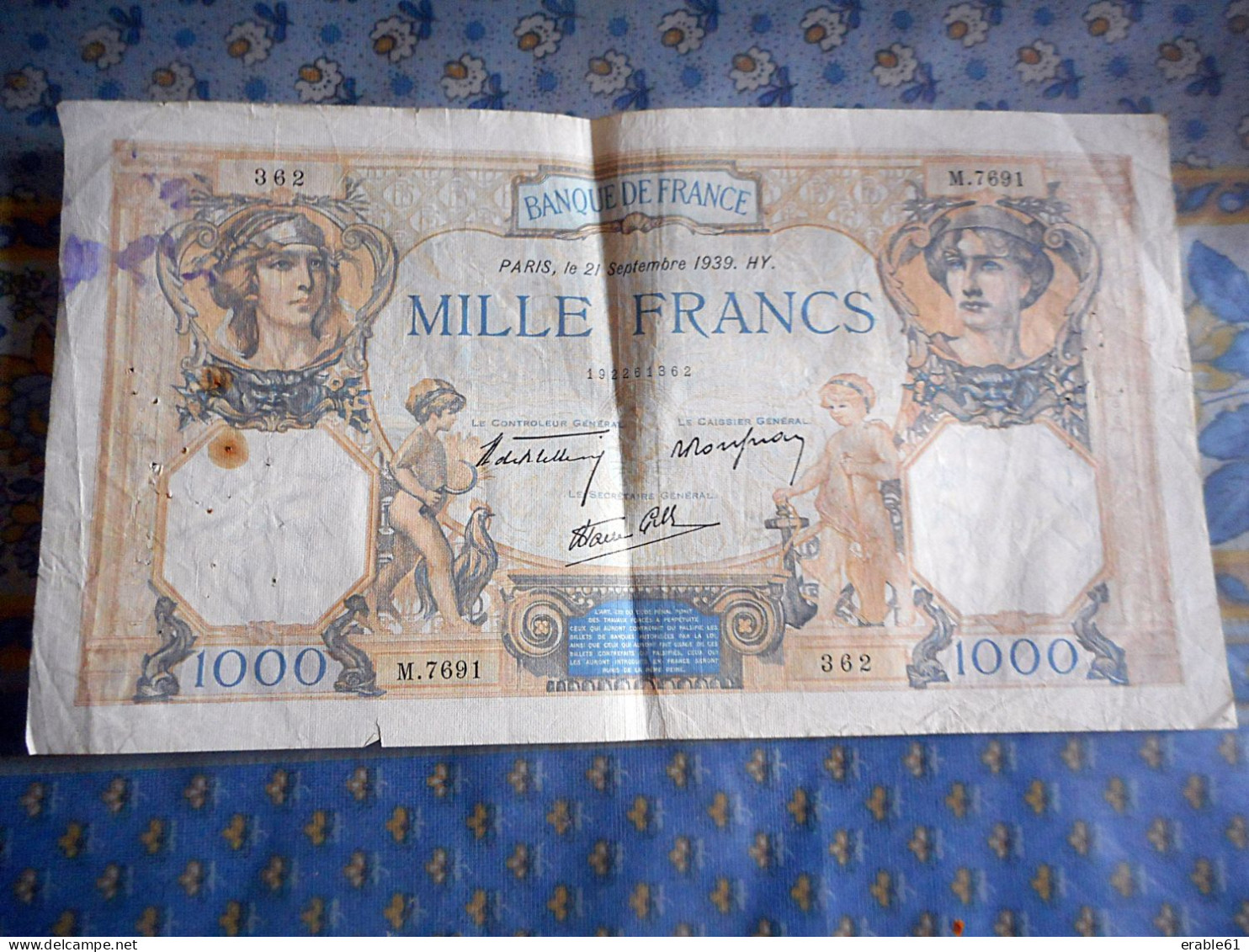 BILLET 1000 FRANCS TYPE CERES ET MERCURE Du 21 Septembre 1939 - M.7691 362 - 1 000 F 1927-1940 ''Cérès Et Mercure''