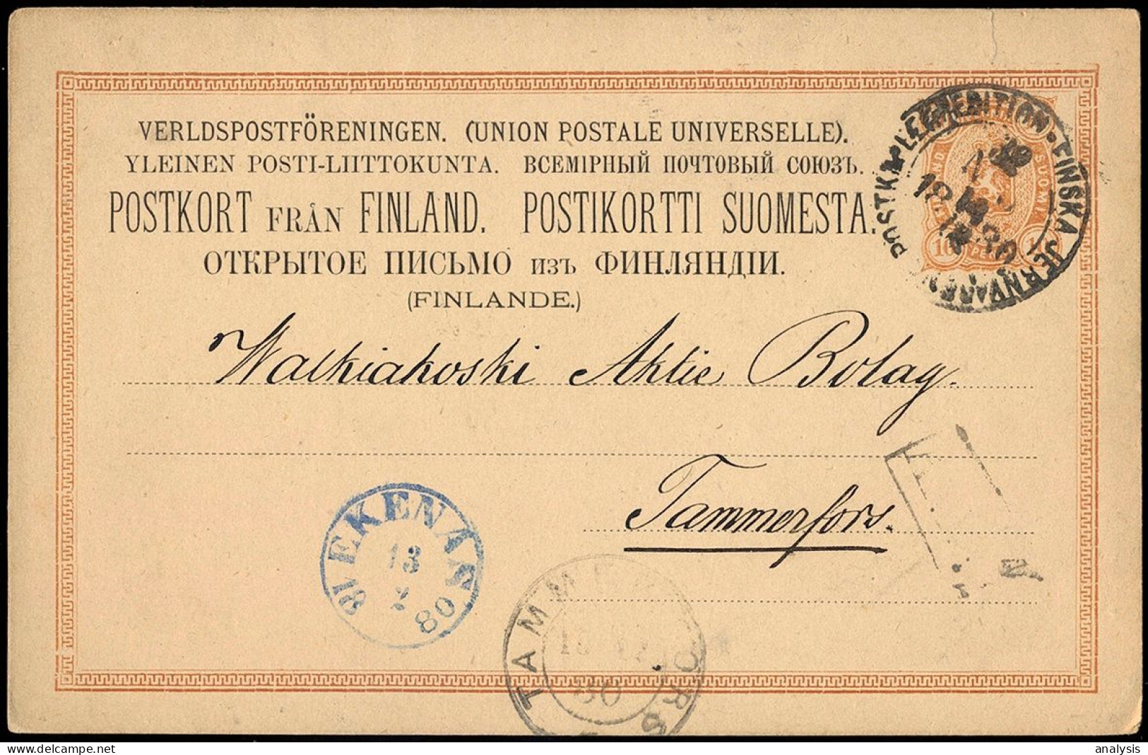 Finland Ekenäs 10P Postal Stationery Card Mailed To Tammefors 1880. Railway Post. Russia Empire - Lettres & Documents