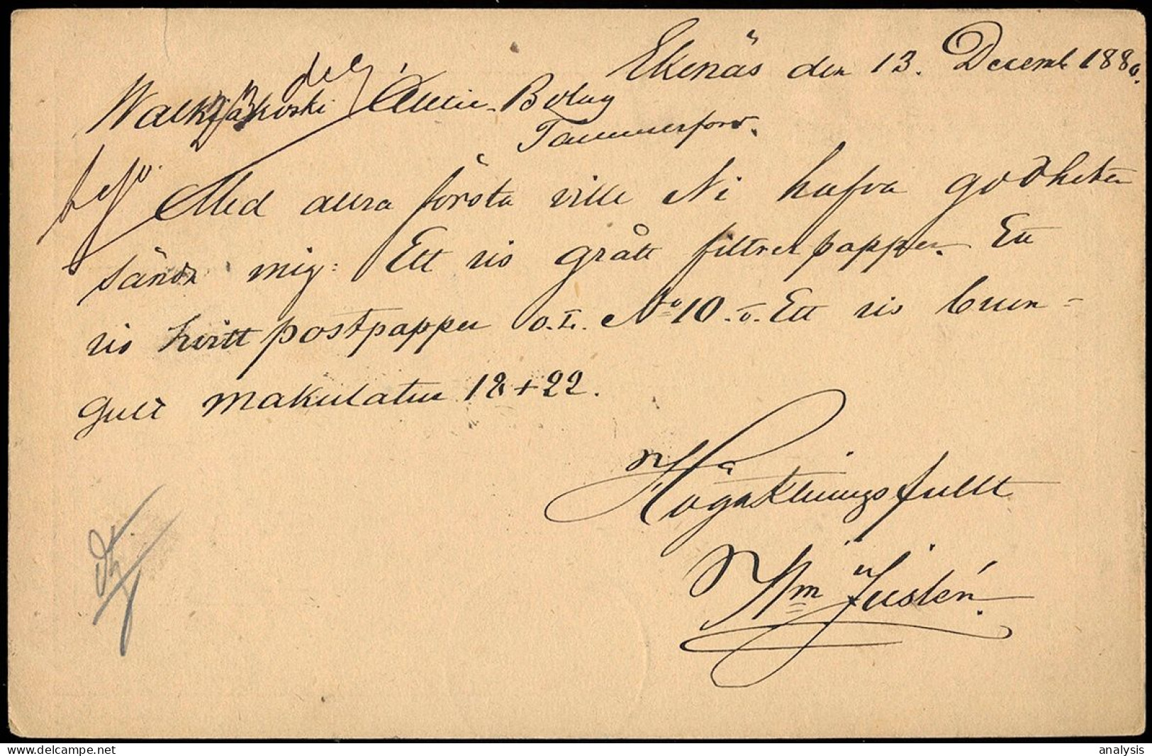 Finland Ekenäs 10P Postal Stationery Card Mailed To Tammefors 1880. Railway Post. Russia Empire - Lettres & Documents