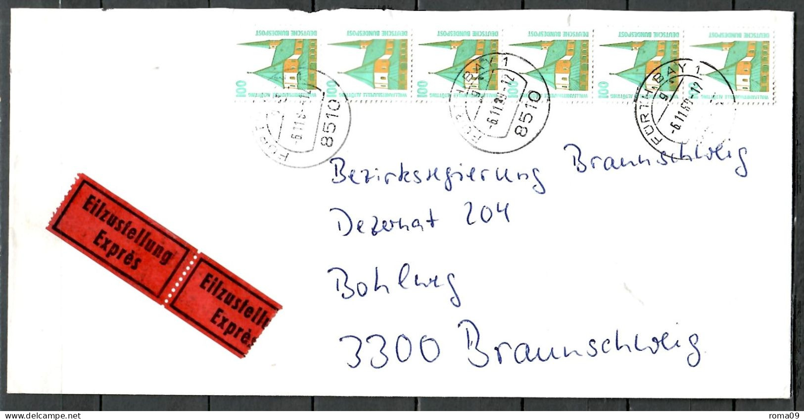 MiNr. 1406 (6x); Auf Portoger. Brief / EILZUSTELLUNG Von Fürth Nach Braunschweig; E-155 - Lettres & Documents