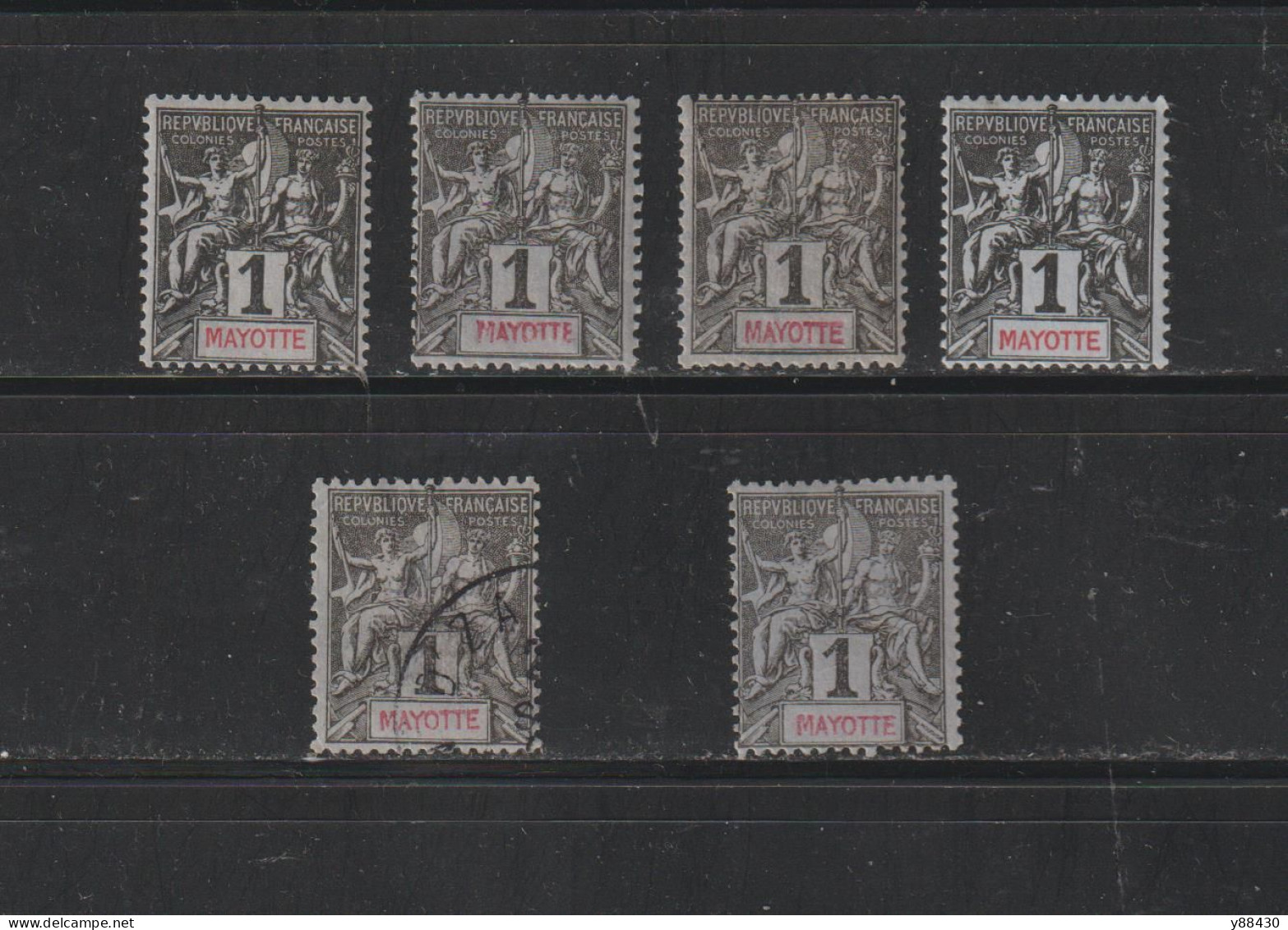 MAYOTTE - 1 De 1892/1899 - 6 Timbres = 4 Neuf * & 2 Oblitérés - 1c. Noir Sur Azuré . Papier Teinté  - 2 Scan - Unused Stamps
