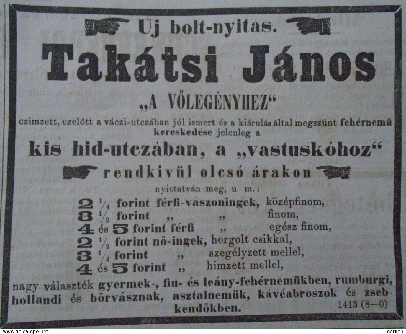 D203364 Old Advertising -  János Takátsi's Shop "To The Groom" Men's Linen Shirts  - Budapest Hungary  1866 - Publicités
