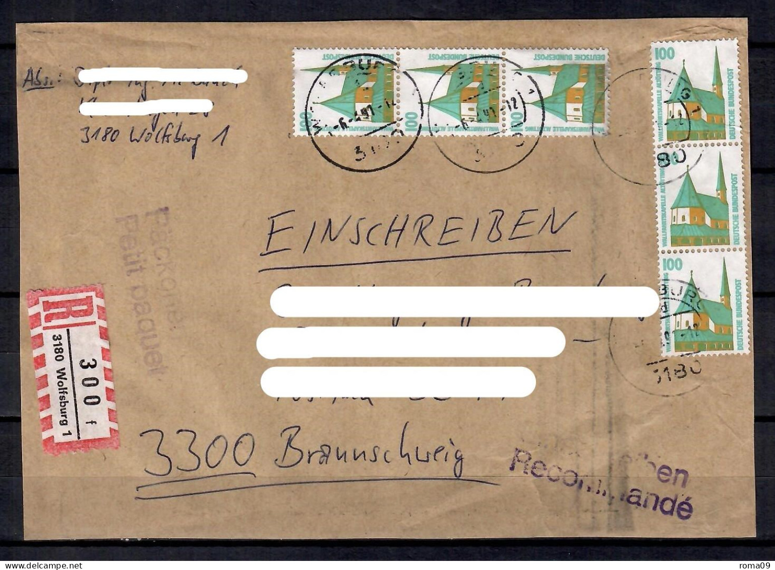 MiNr. 1406 (6x); Auf Portoger. Päckchen (Ausschnitt) / EINSCHREIBEN Von Wolfsburg Nach Braunschweig; C-27 - Cartas & Documentos