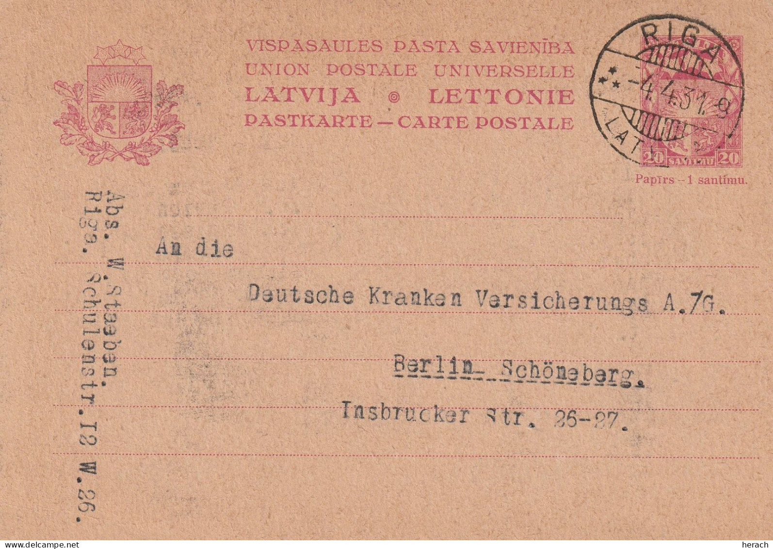 Lettonie Entier Postal Riga Pour L'Allemagne 1931 - Lettonie