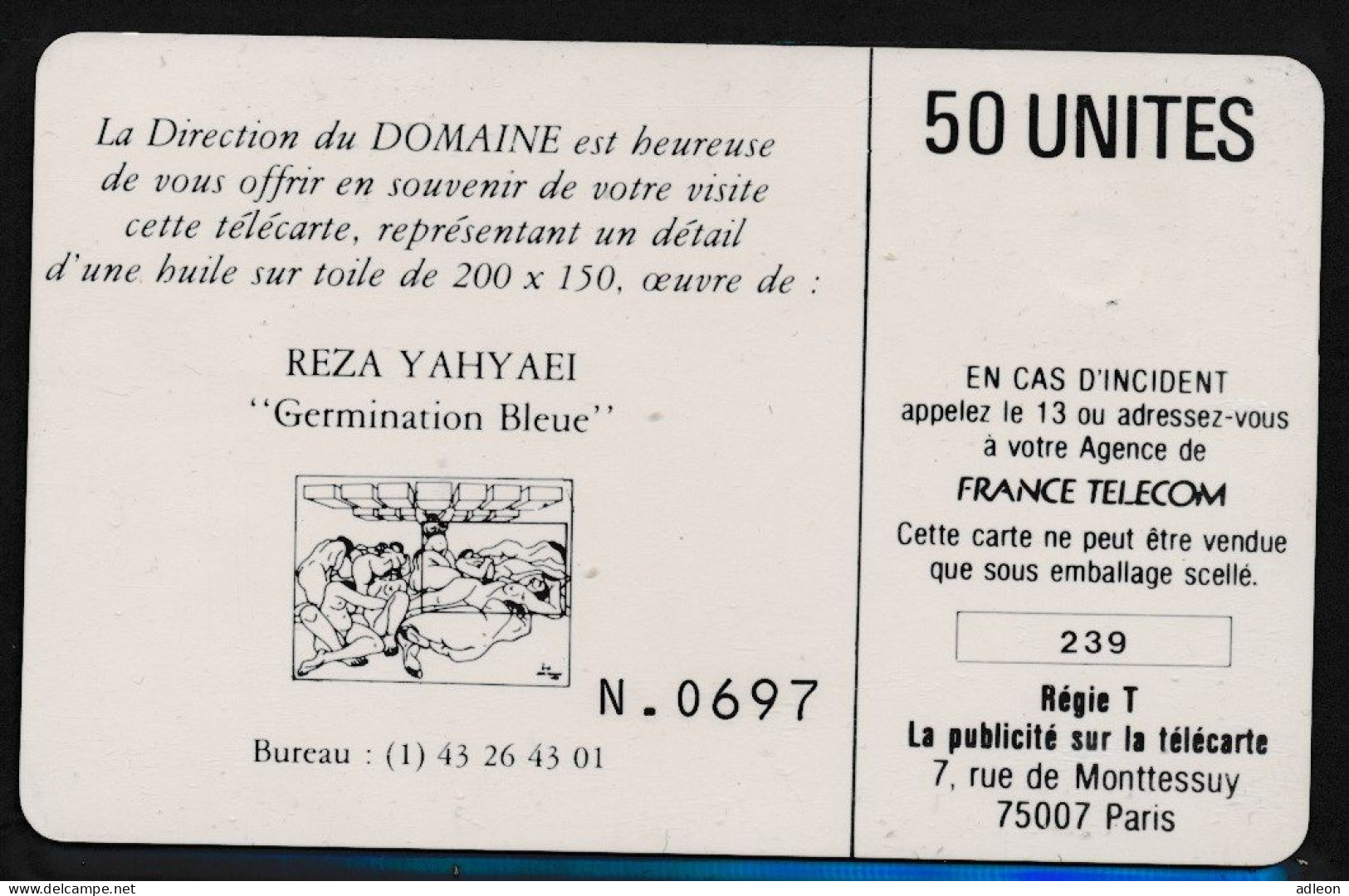 Télécartes France - Privées N° Phonecote D99 Direction Du Domaine - Oeuvre De Reza Yahyaei "Germination Bleue" - Ad Uso Privato