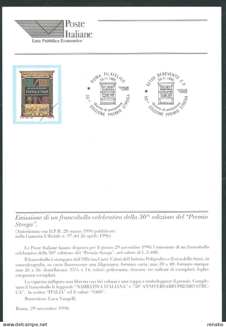 Italia 1996; Bollettino Ufficiale Delle Poste Italiane: "50° Edizione Del Premio Strega" - 1991-00: Mint/hinged