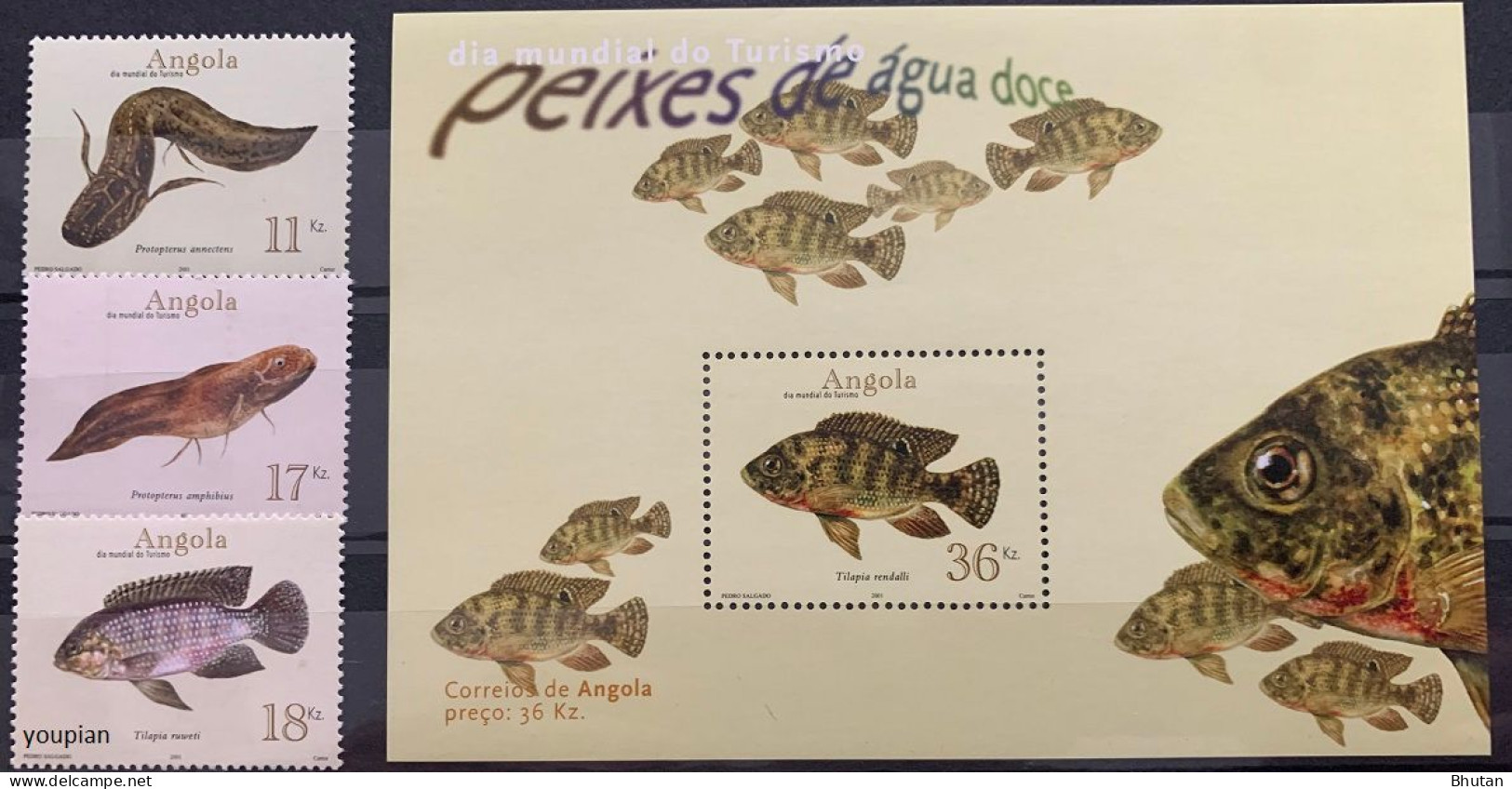 Angola 2001, Fresh Water Fishes, MNH S/S And Stamps Set - Angola