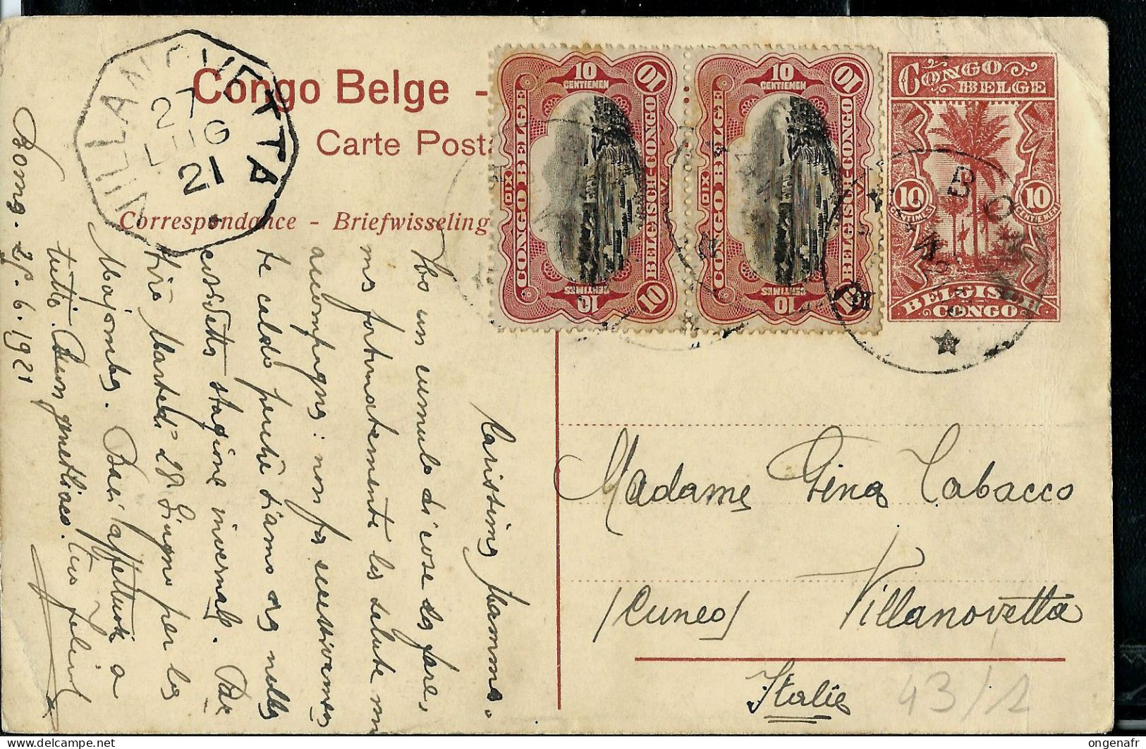 Carte Avec Vue: N° 43 - 1 ( Boma : Plateau ) Obl. BOMA - 25/06/1921 Pour L'Italie - Entiers Postaux