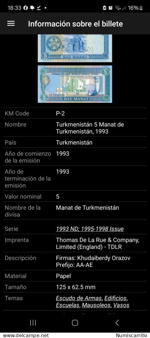 Turkmenistán 5 Manat 1993 Sc - Turkménistan