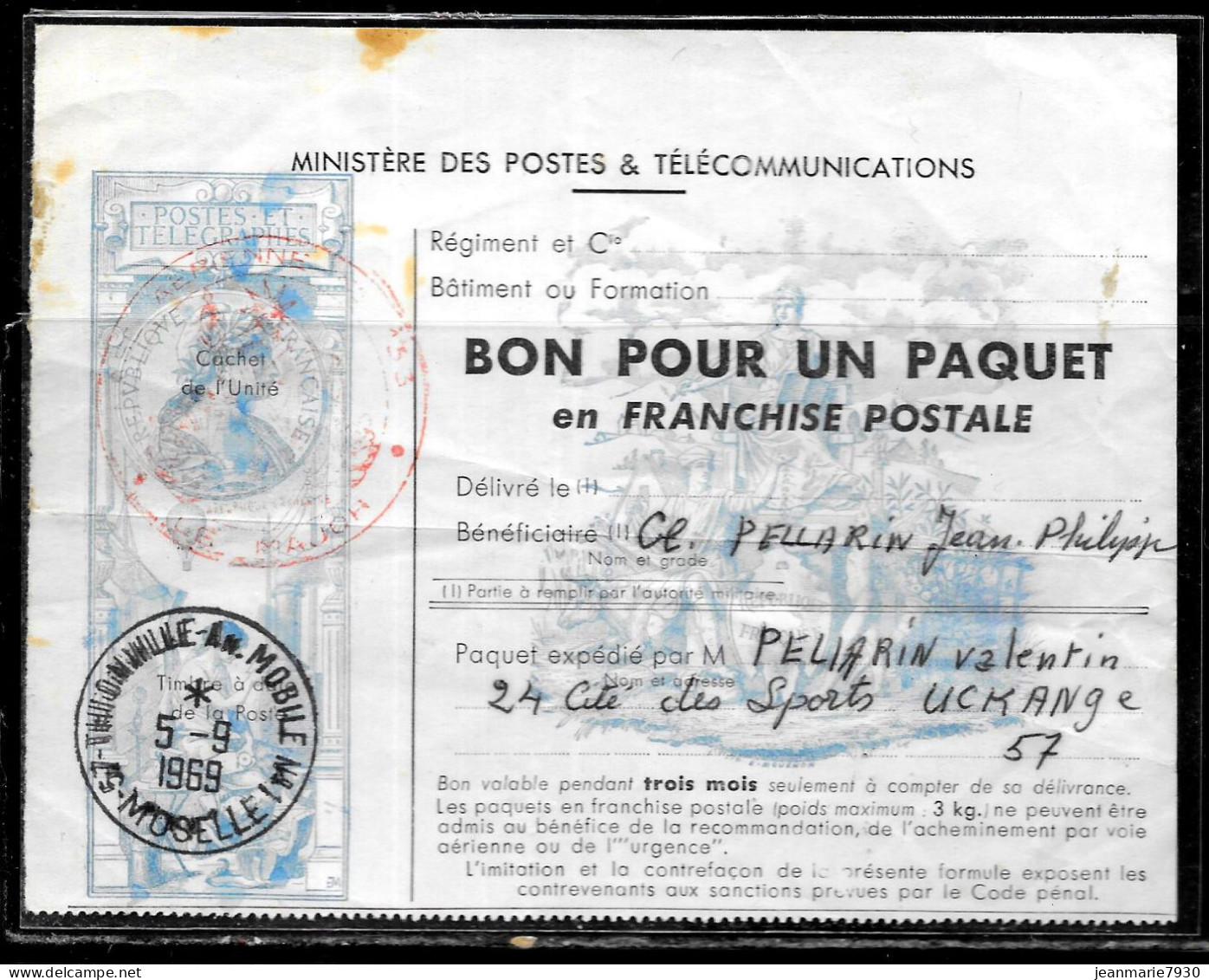 P191 - FRANCHISE MILITAIRE POUR COLIS DE THIONVILLE  An.MOBILE N°1 DU 05/09/69 - Brieven En Documenten