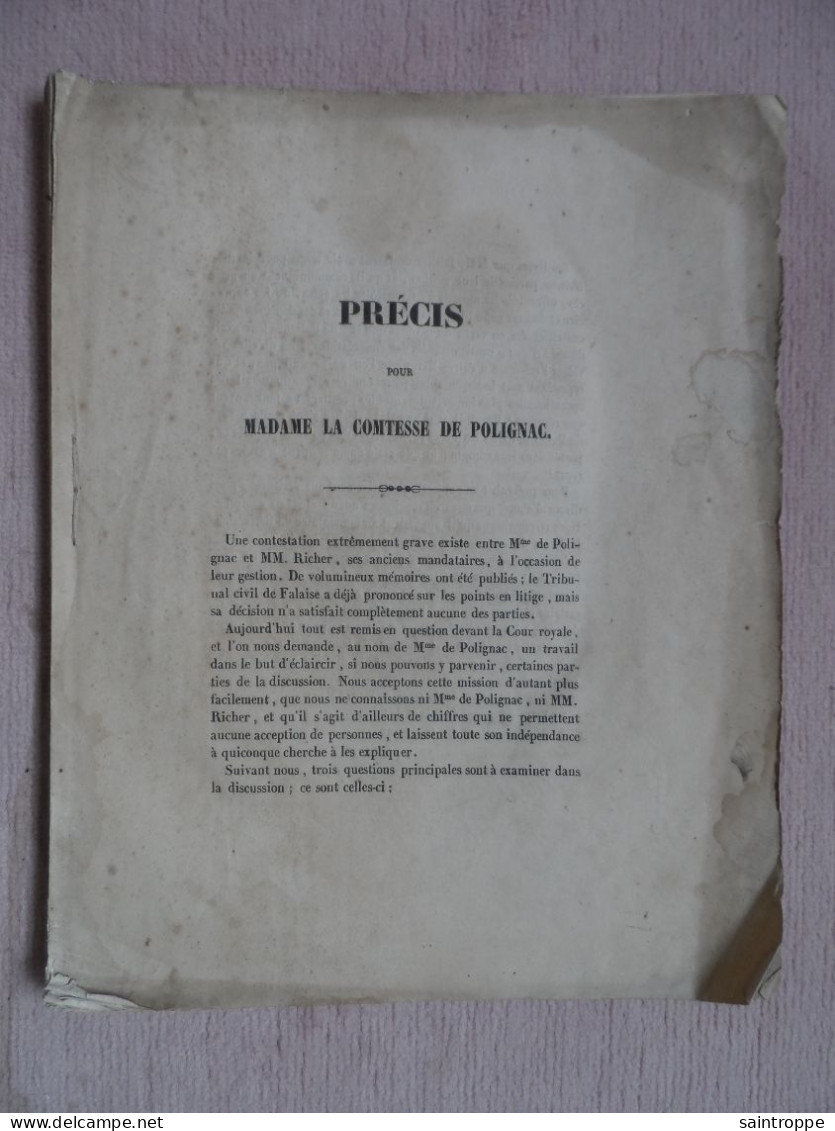 Précis Pour Madame La Comtesse De POLIGNAC.Caen 1846.Mr Richer.Administration De La Terre D'Outre-Laize. - Documents Historiques