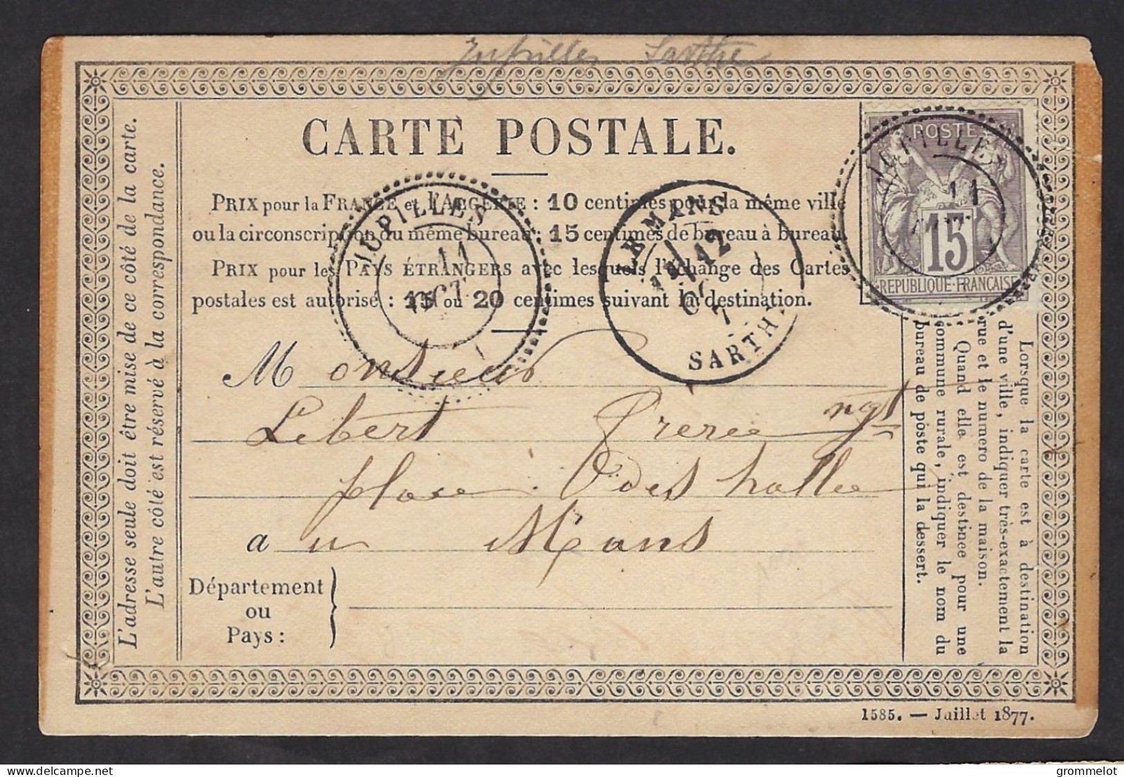 JUPILLES (71-Sarthe) 11 Oct 1876, Format CP, Cachet Perlé Type 24, Affr 15c RARE - 1849-1876: Période Classique